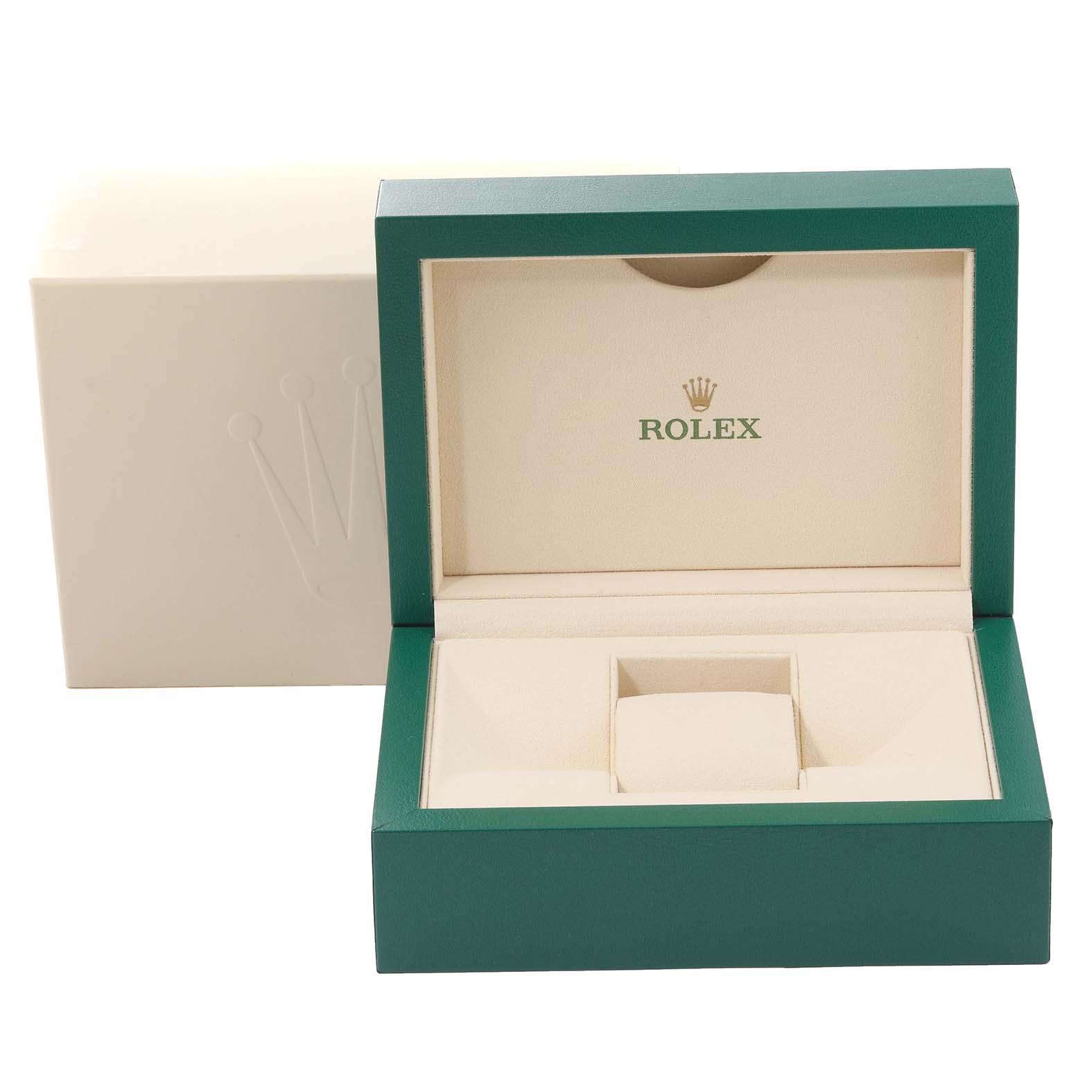 The image shows the open presentation box for a Rolex Yacht-Master 126621 Men's Steel and Gold (two tone) Brown Dial 126621 Men's Steel and Gold (two tone) Brown Dial watch.