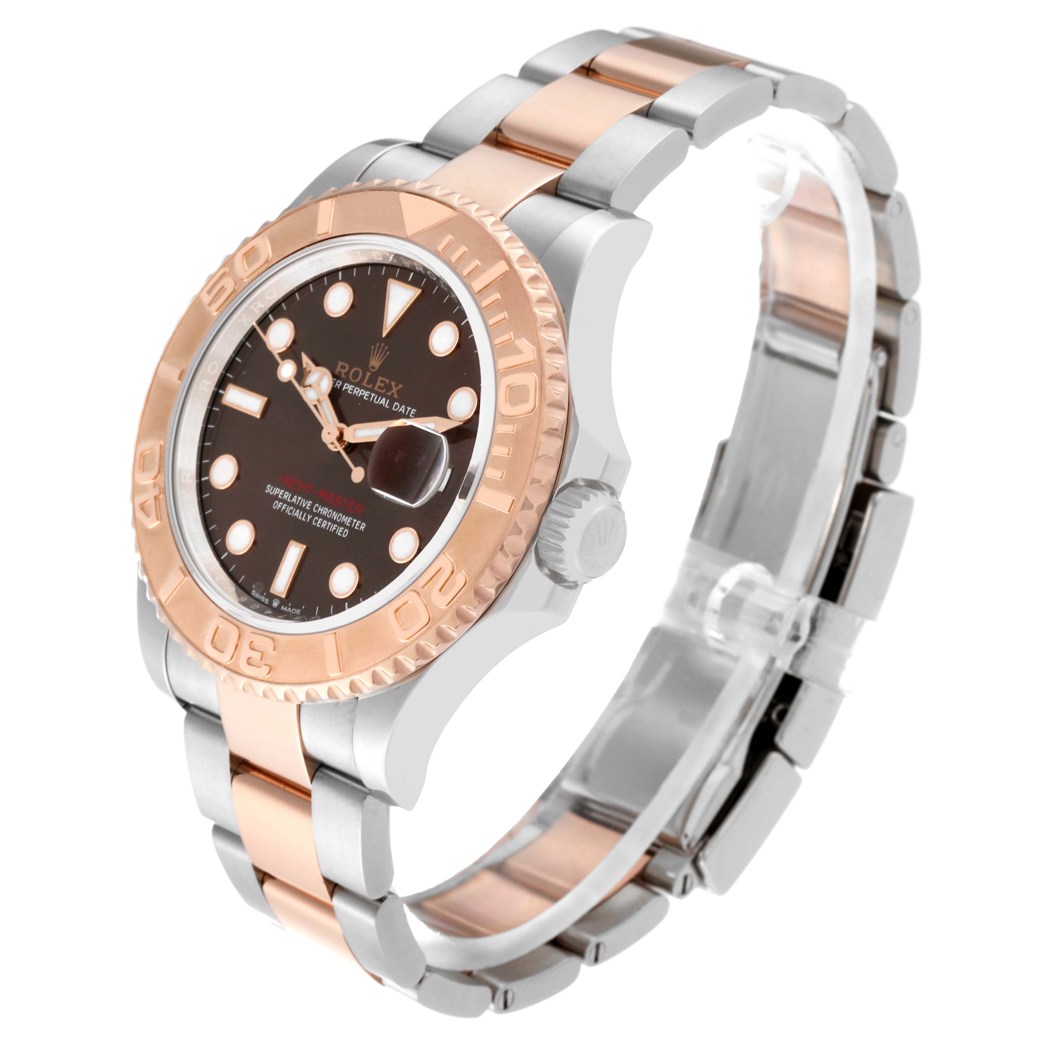 The Rolex Yacht-Master 126621 Men's Steel and Gold (two tone) Brown Dial 126621 Men's Steel and Gold (two tone) Brown Dial watch is shown at a three-quarter angle, highlighting its bezel, dial, and bracelet.