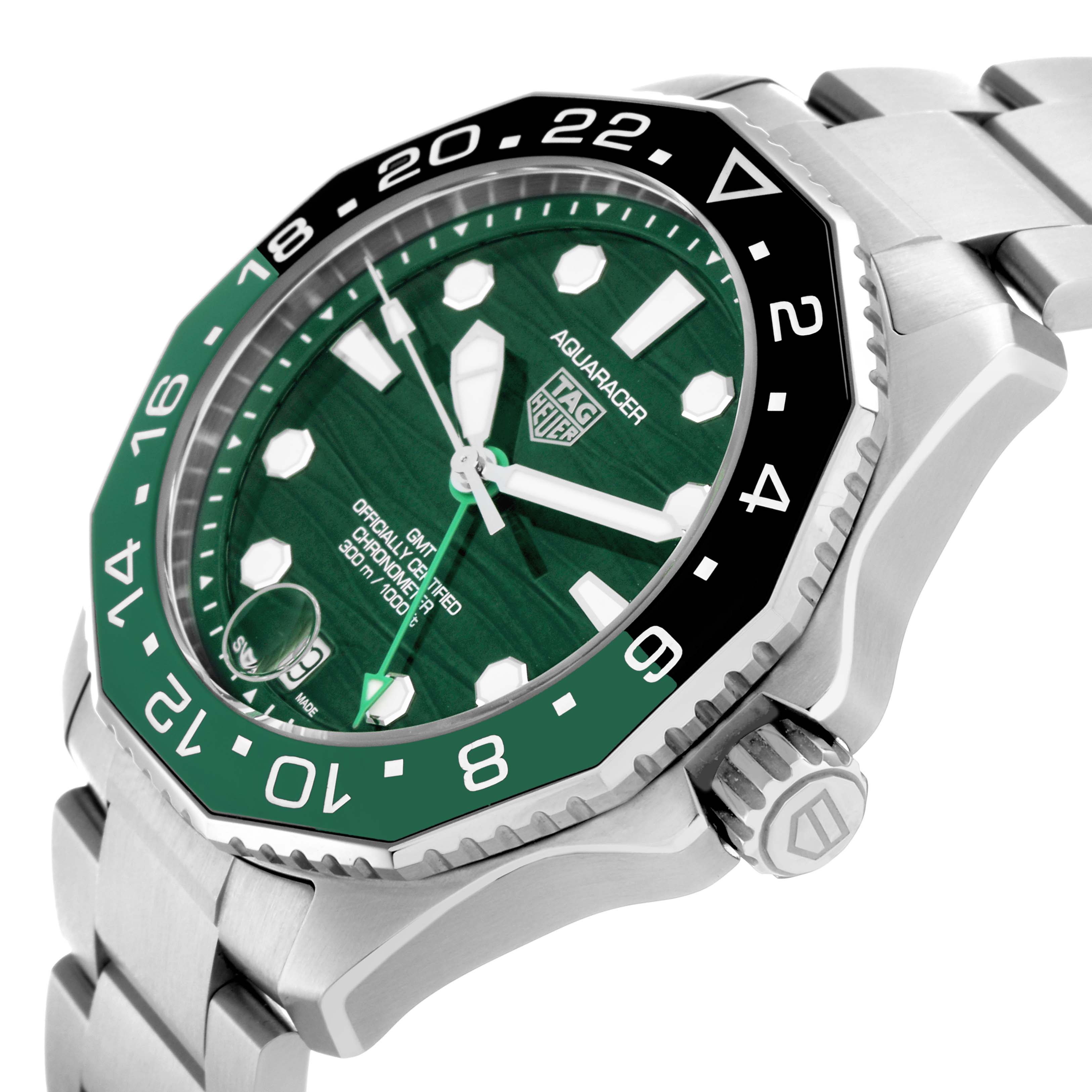 The image shows a side angle of the Tag Heuer Aquaracer WBP5115 Men
s Stainless Steel Green Dial, highlighting the green dial, bezel, crown, and stainless steel bracelet.