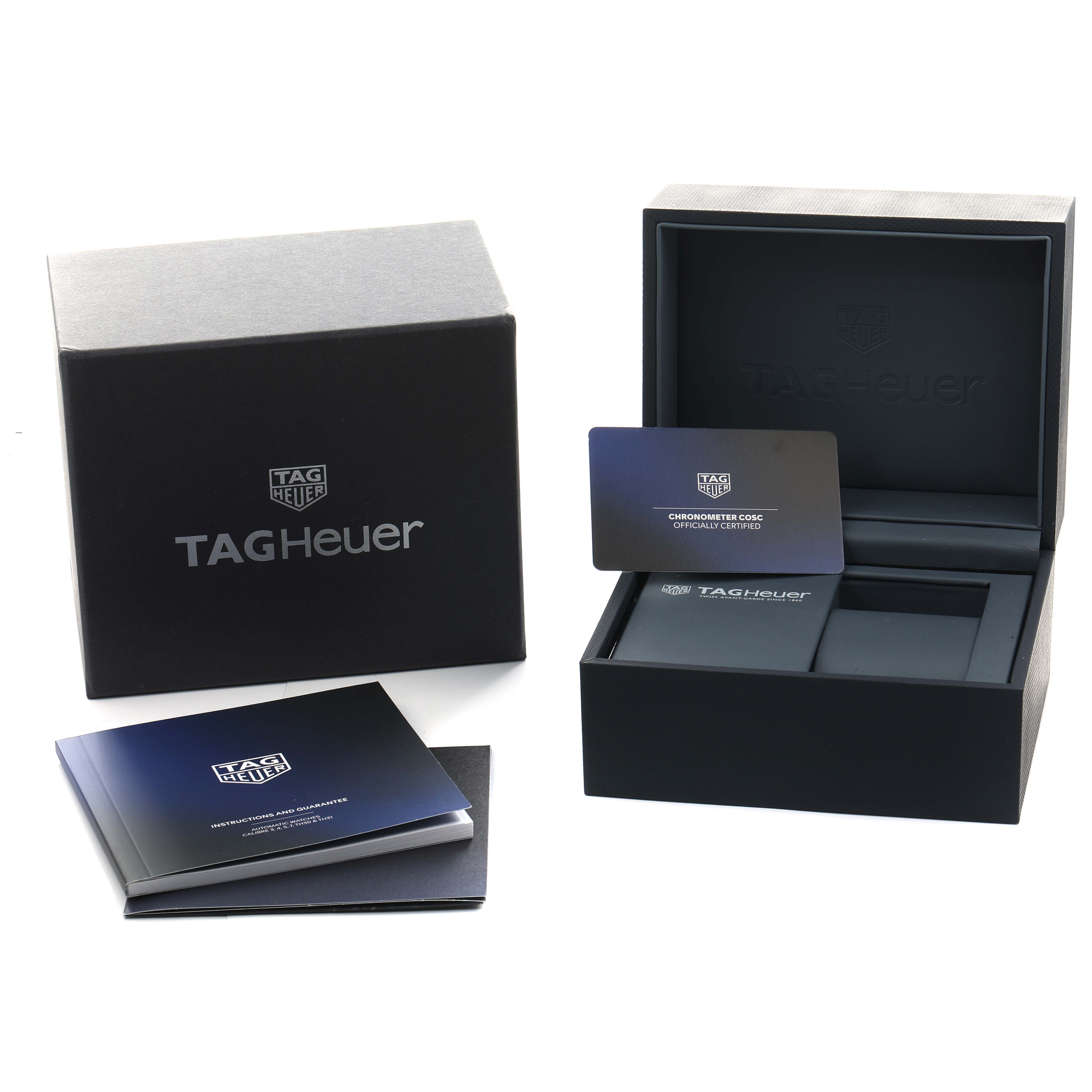The image shows the packaging and accessories for the Tag Heuer Aquaracer WBP5115 Men
s Stainless Steel Green Dial, including a box, card, and manuals.