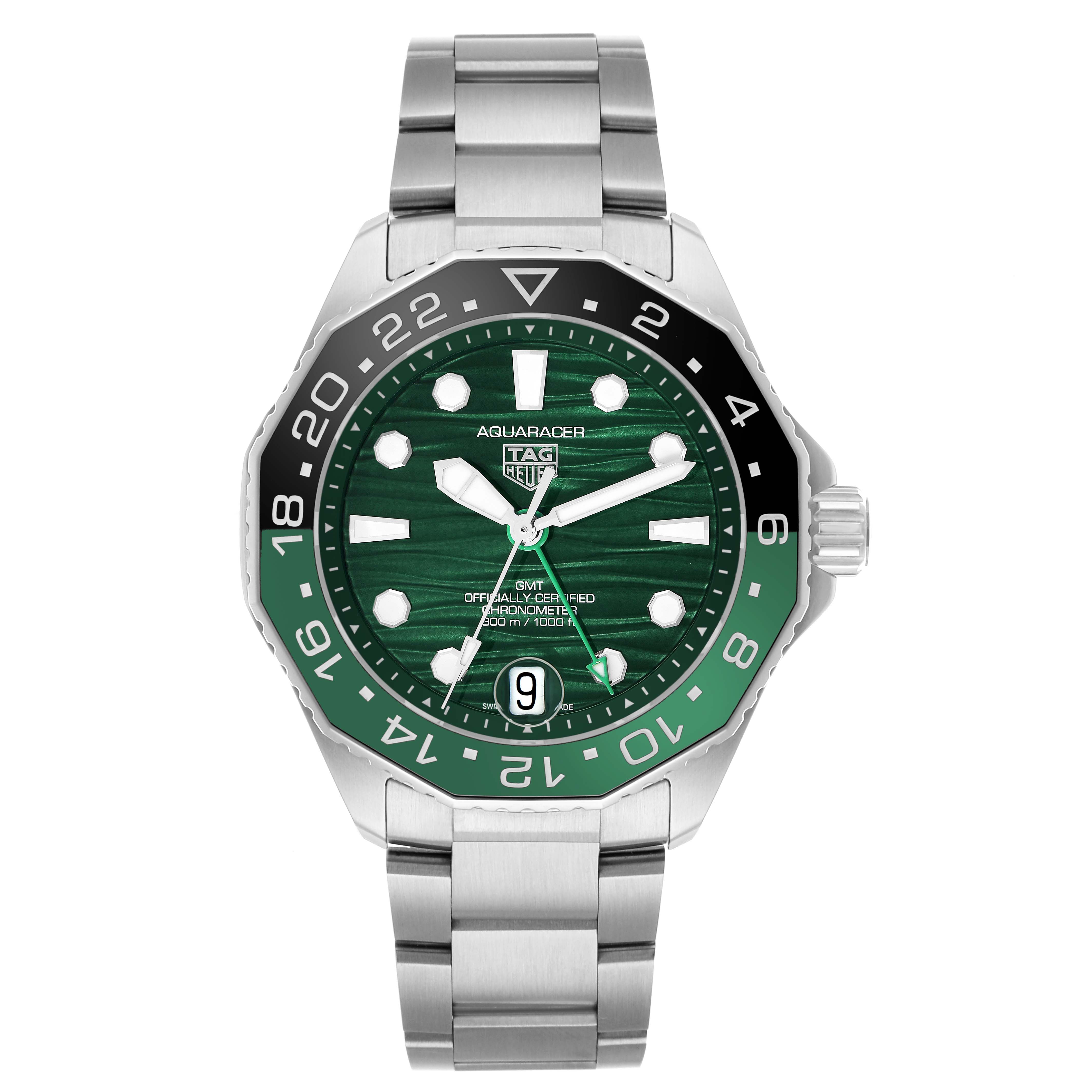The Tag Heuer Aquaracer WBP5115 Men
s Stainless Steel Green Dial model is shown from a front angle, displaying its dial, bezel, bracelet, and crown.
