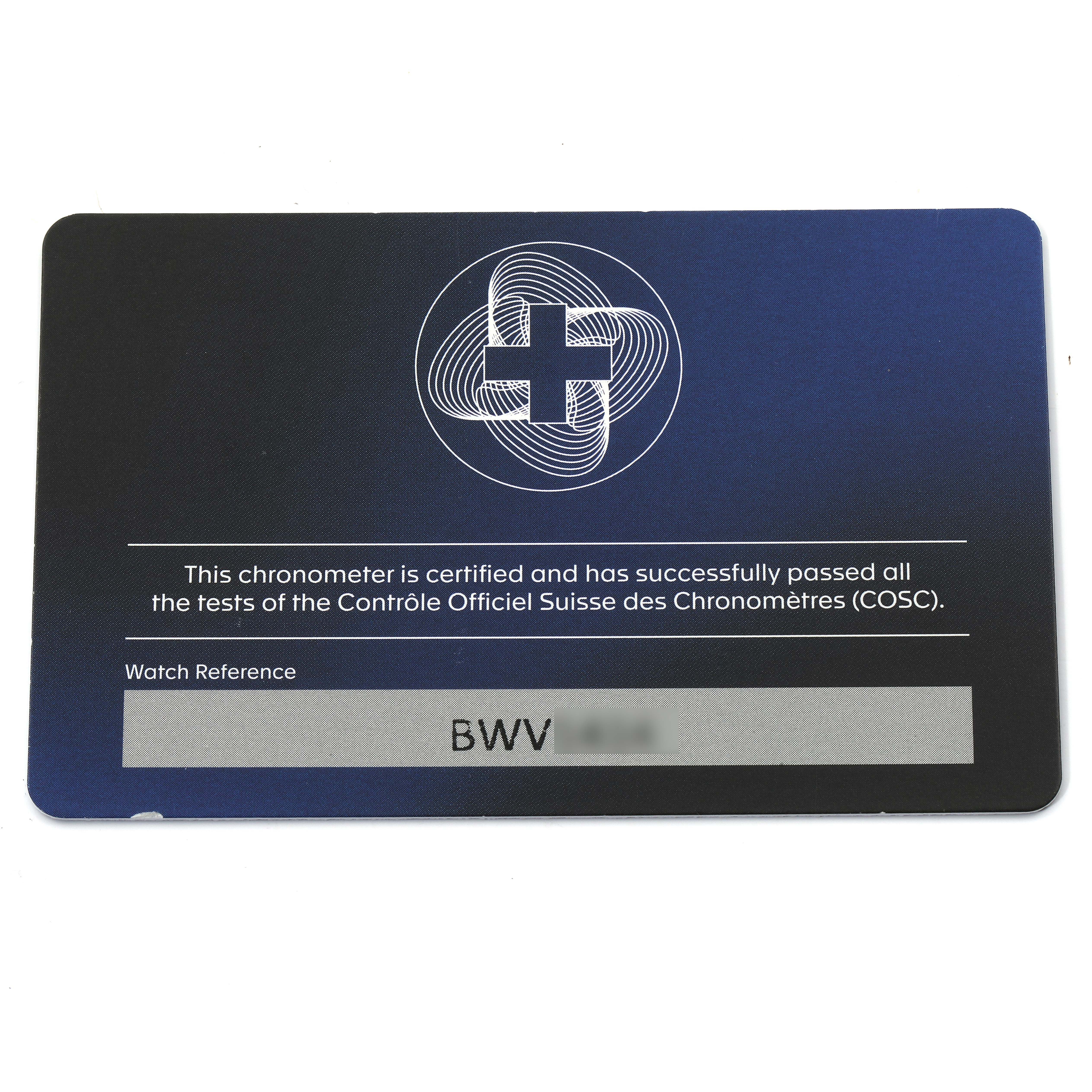 The image shows a COSC certification card for a Tag Heuer Aquaracer WBP5115 Men
s Stainless Steel Green Dial watch, displayed from a top view.