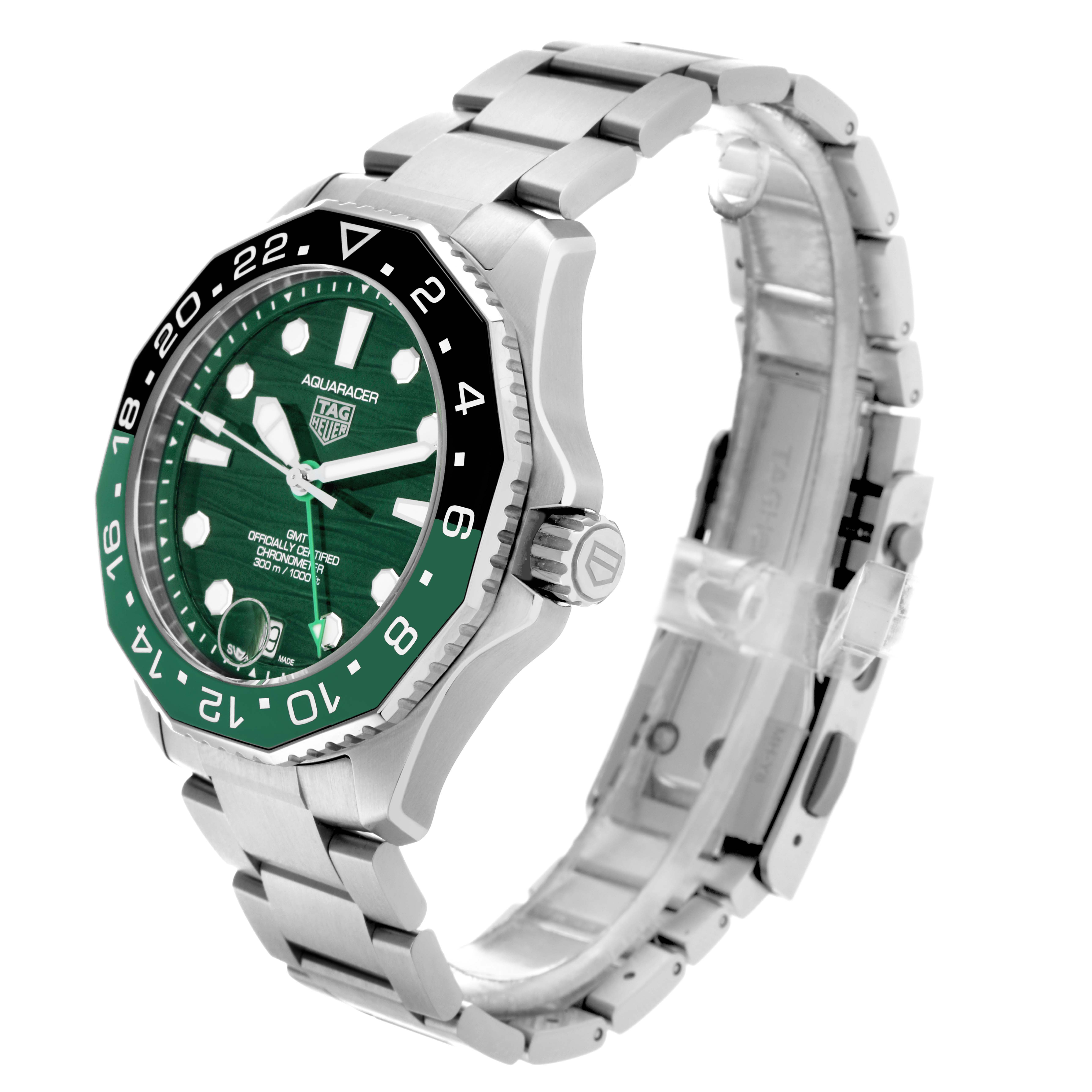 The image shows a Tag Heuer Aquaracer WBP5115 Men
s Stainless Steel Green Dial watch at a three-quarter angle, highlighting the face, bezel, and bracelet.