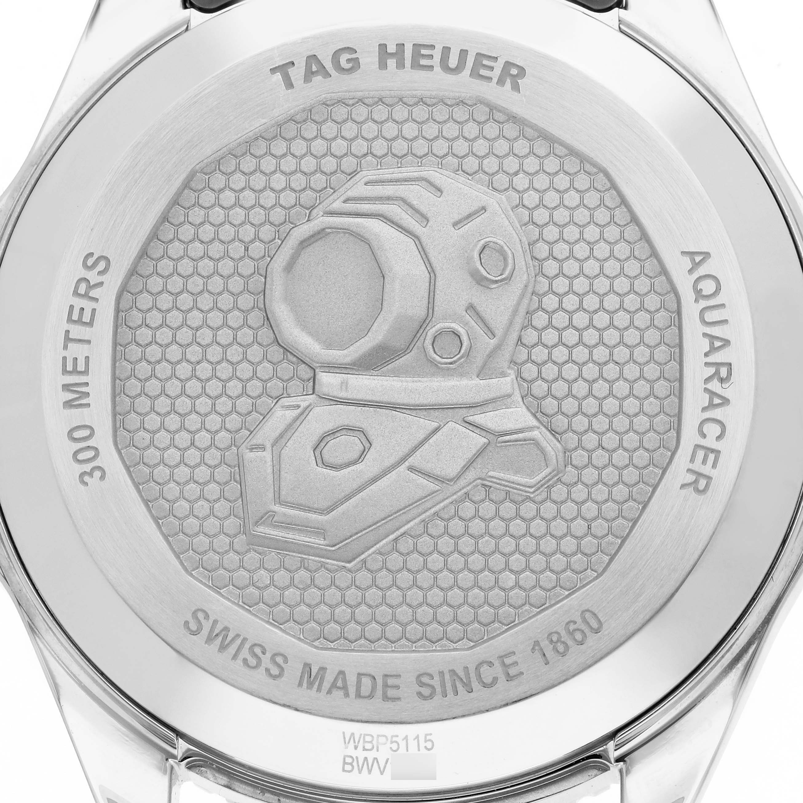 The image shows the back case of the Tag Heuer Aquaracer WBP5115 Men
s Stainless Steel Green Dial watch, featuring an engraved design and text detailing the model
s specifications.