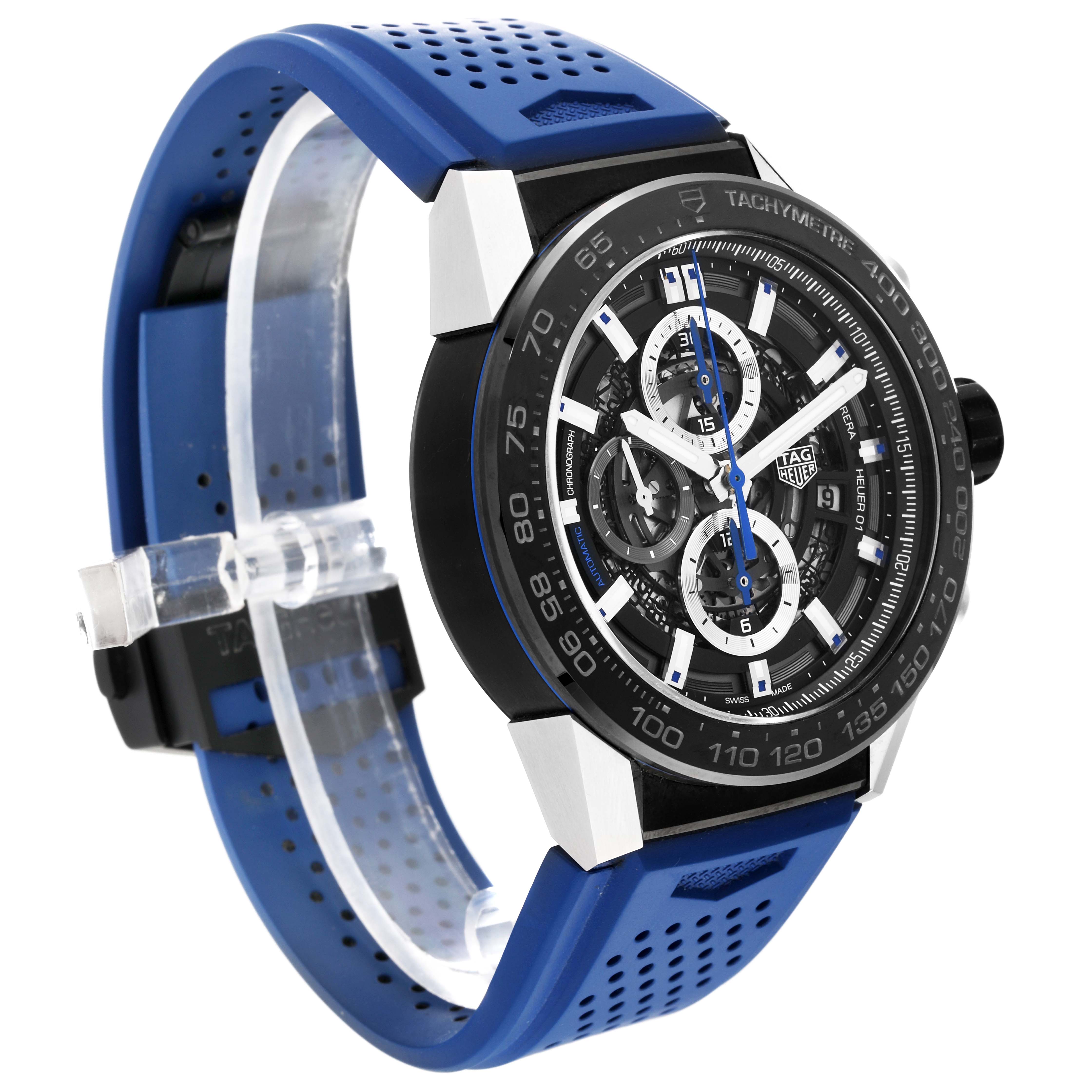 This image shows a side and front view of the Tag Heuer Carrera CAR2A1T.FT6052 Men's Titanium Black Dial CAR2A1T.FT6052 Men's Titanium Black Dial watch with a perforated blue strap and detailed dial.