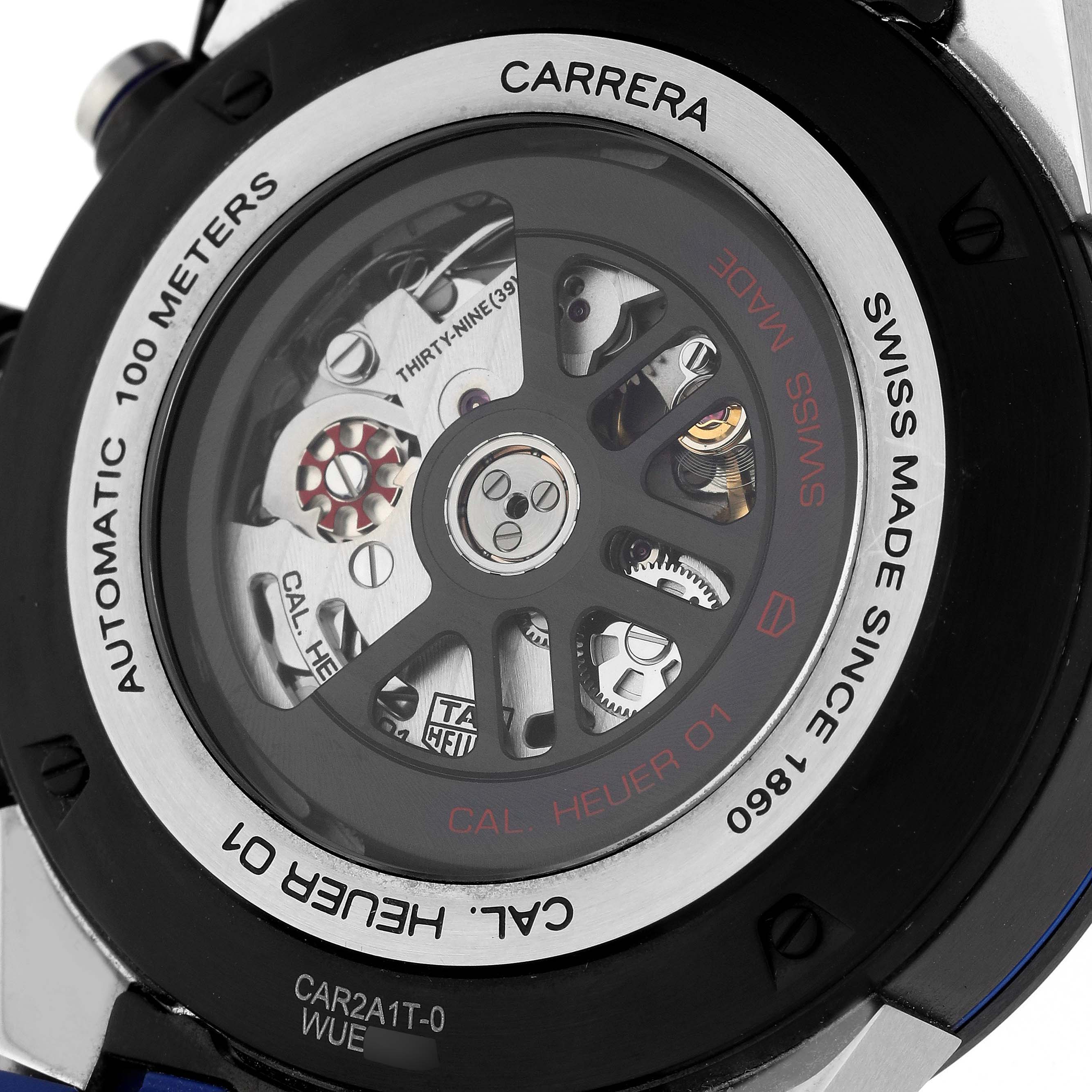 The image shows the back view of the Tag Heuer Carrera CAR2A1T.FT6052 Men's Titanium Black Dial CAR2A1T.FT6052 Men's Titanium Black Dial watch, highlighting the automatic movement and internal mechanics.