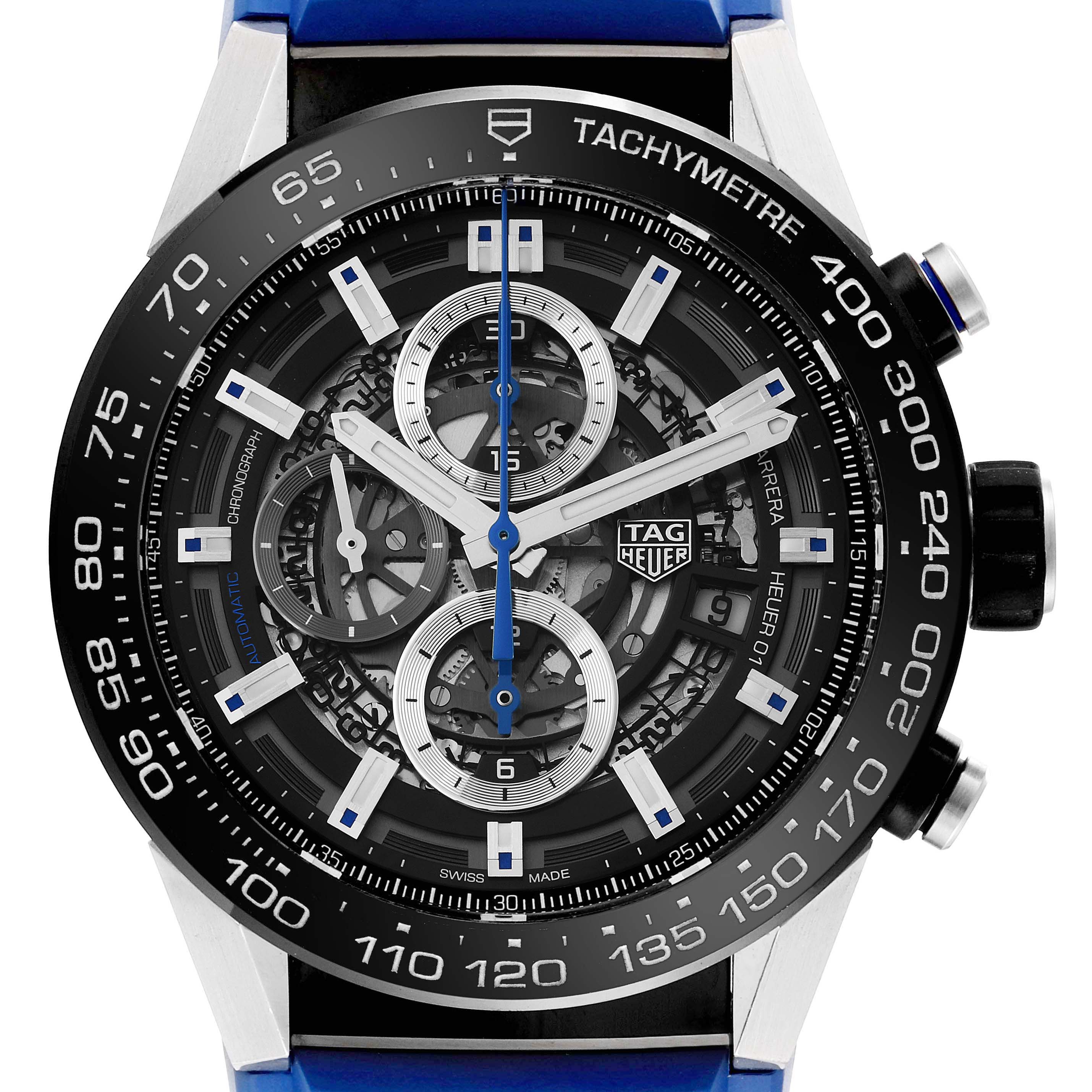 The image shows a Tag Heuer Carrera CAR2A1T.FT6052 Men's Titanium Black Dial CAR2A1T.FT6052 Men's Titanium Black Dial watch from a frontal angle, highlighting the dial, tachymetre scale, and chronograph sub-dials.