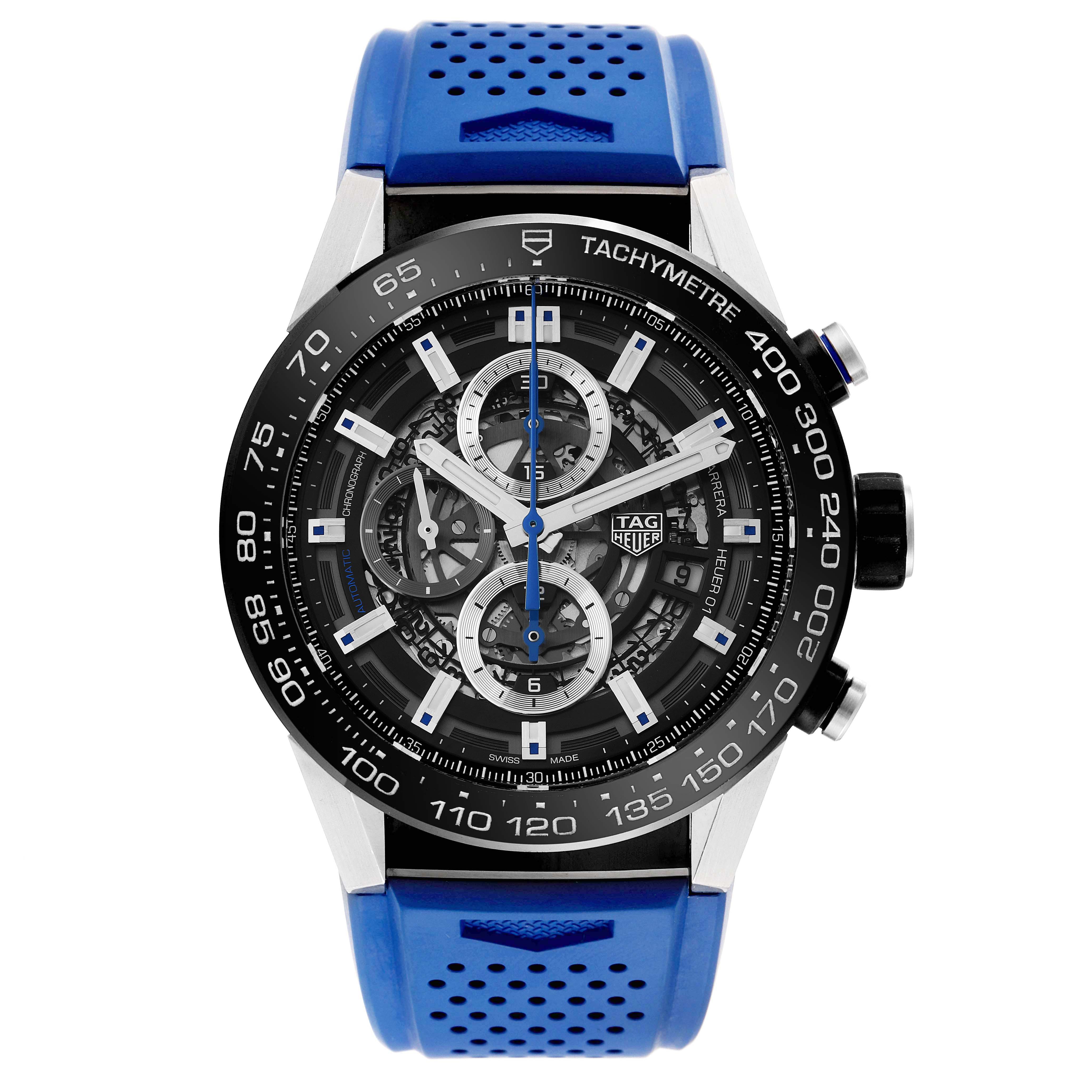 The image shows a frontal view of the Tag Heuer Carrera CAR2A1T.FT6052 Men's Titanium Black Dial CAR2A1T.FT6052 Men's Titanium Black Dial watch with a blue perforated strap and a black tachymeter bezel.