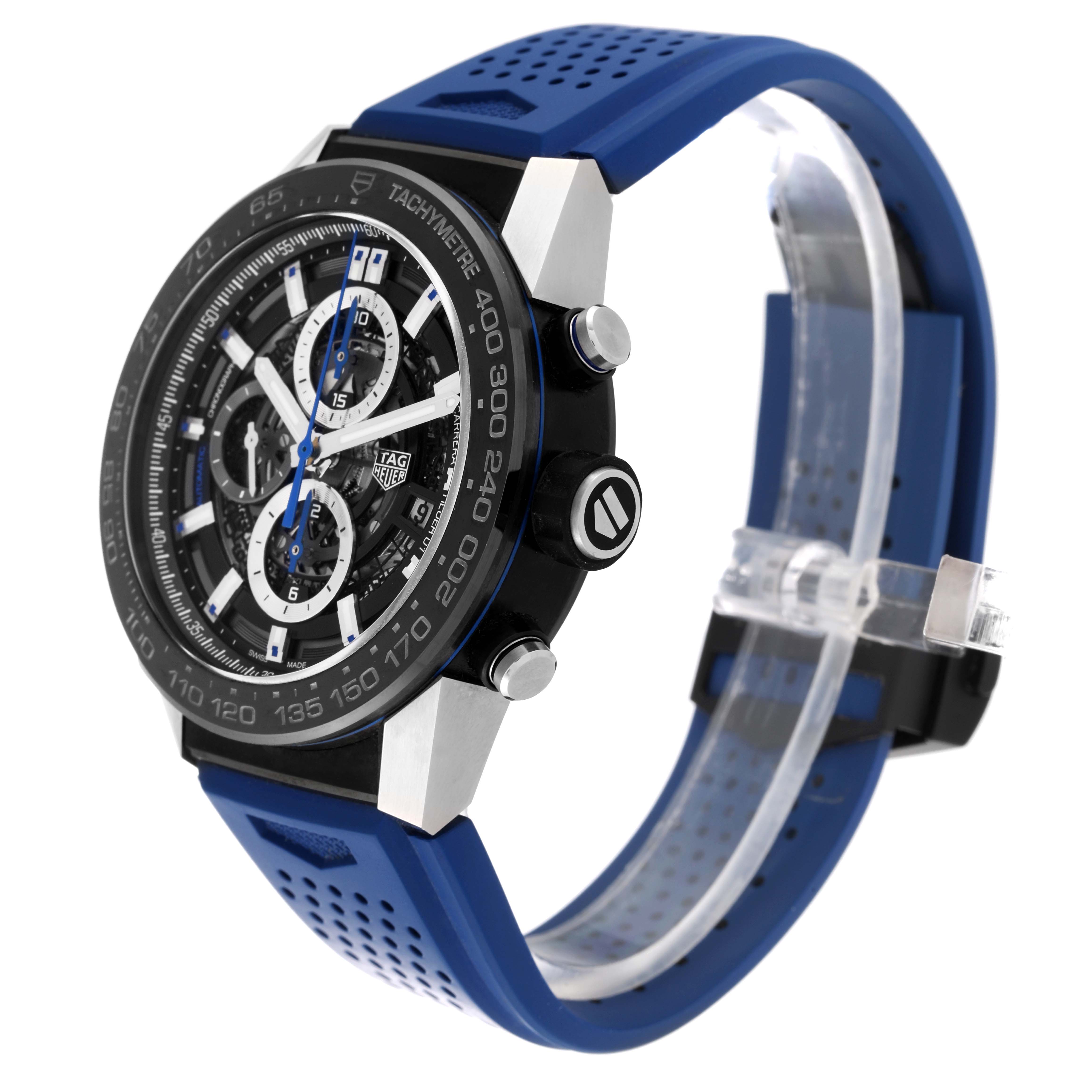 This image shows a side view of the Tag Heuer Carrera CAR2A1T.FT6052 Men's Titanium Black Dial CAR2A1T.FT6052 Men's Titanium Black Dial model watch, highlighting its case, buttons, and blue strap.