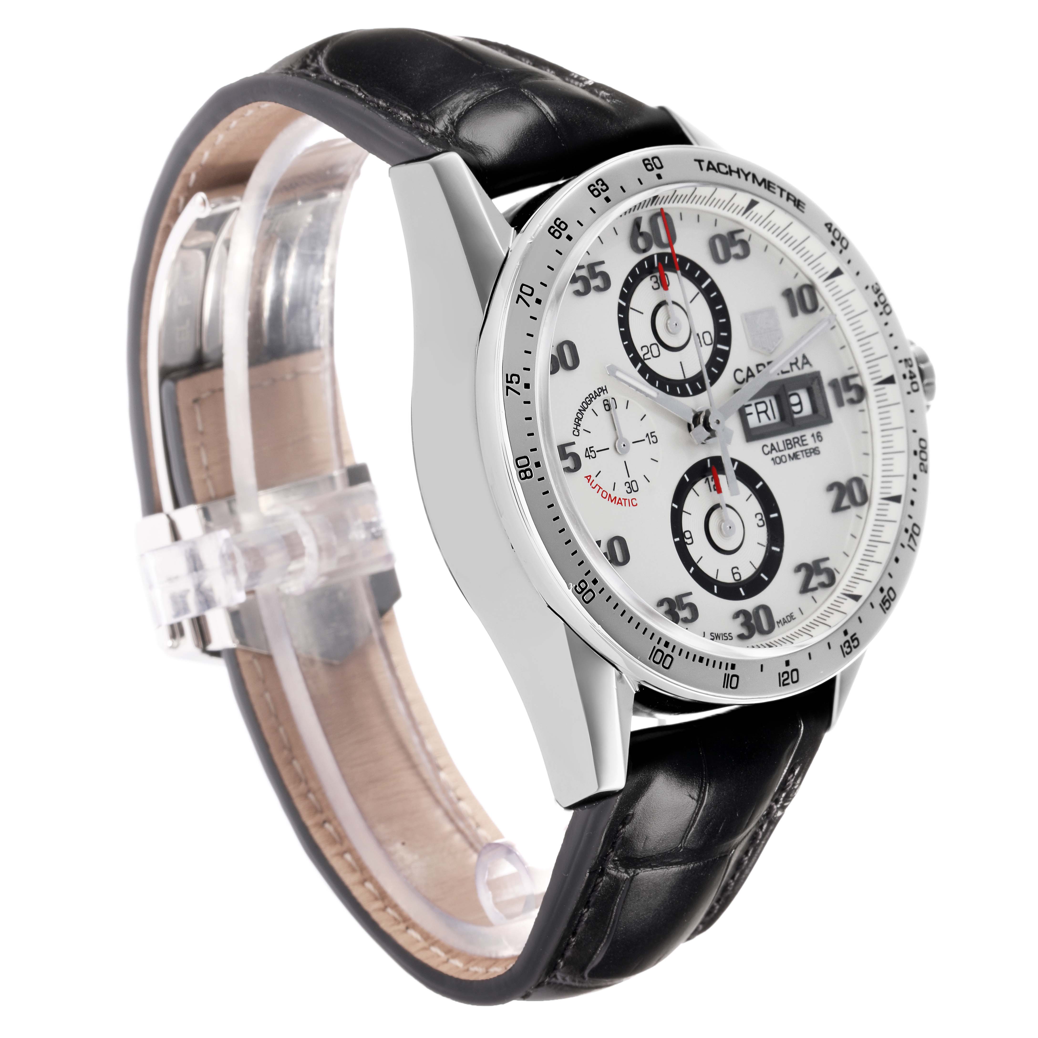 The Tag Heuer Carrera CV2A11 Men
s Stainless Steel Silver Dial watch is shown from a slight side angle, displaying the dial, tachymeter, subdials, and a leather strap.