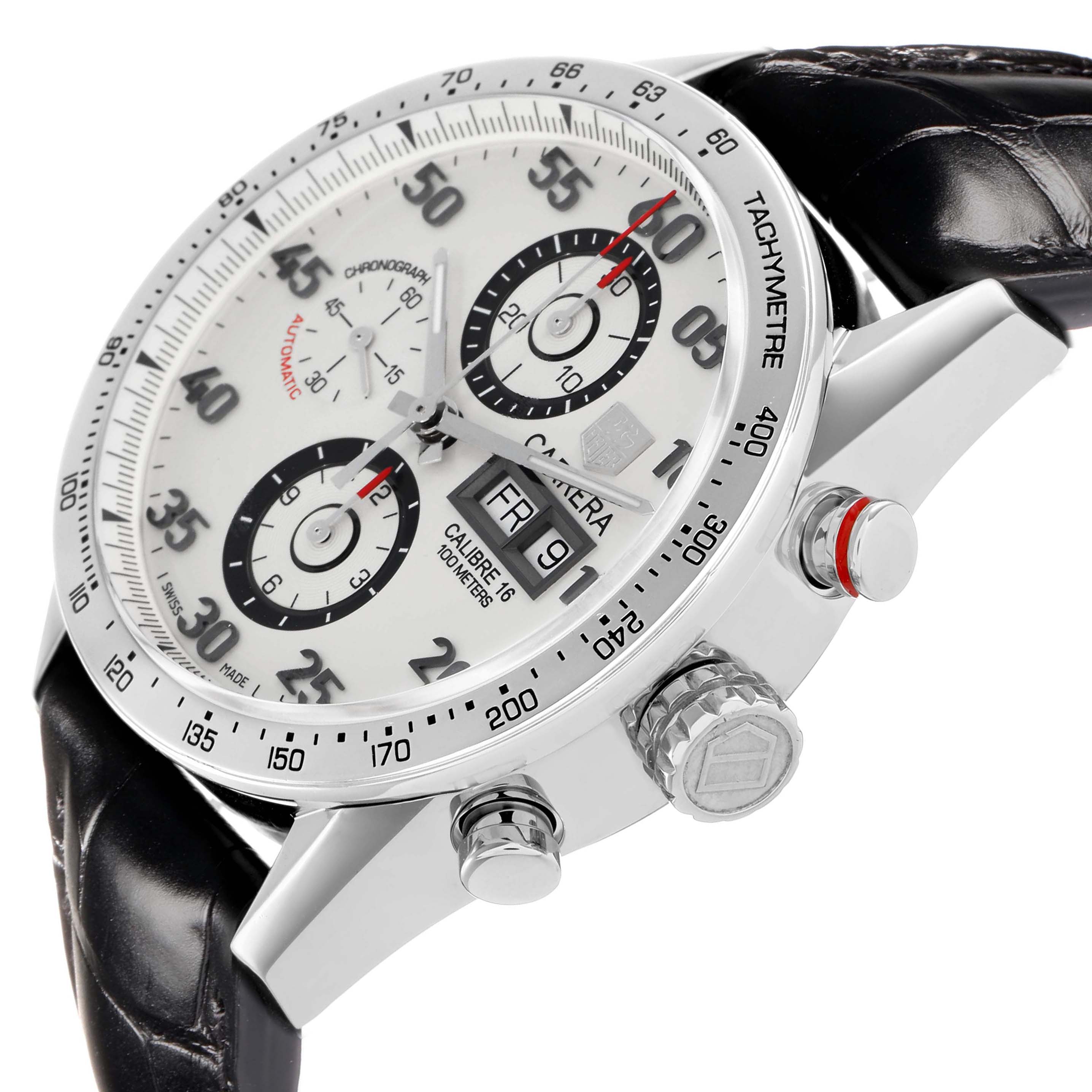 The Tag Heuer Carrera CV2A11 Men
s Stainless Steel Silver Dial watch is shown at a three-quarter angle, highlighting the dial, bezel, crown, and pushers.