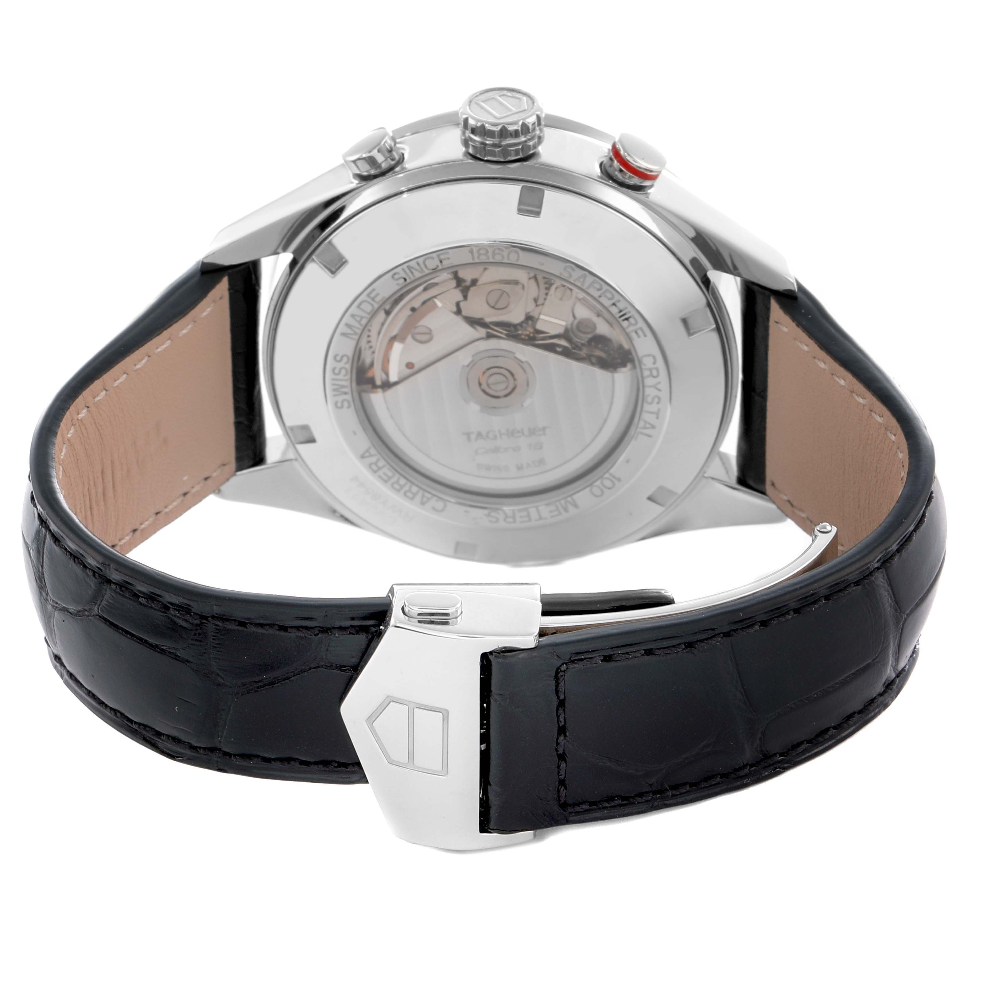 The image shows a Tag Heuer Carrera CV2A11 Men
s Stainless Steel Silver Dial watch from the back, highlighting the case back, movement, crown, and strap clasp.