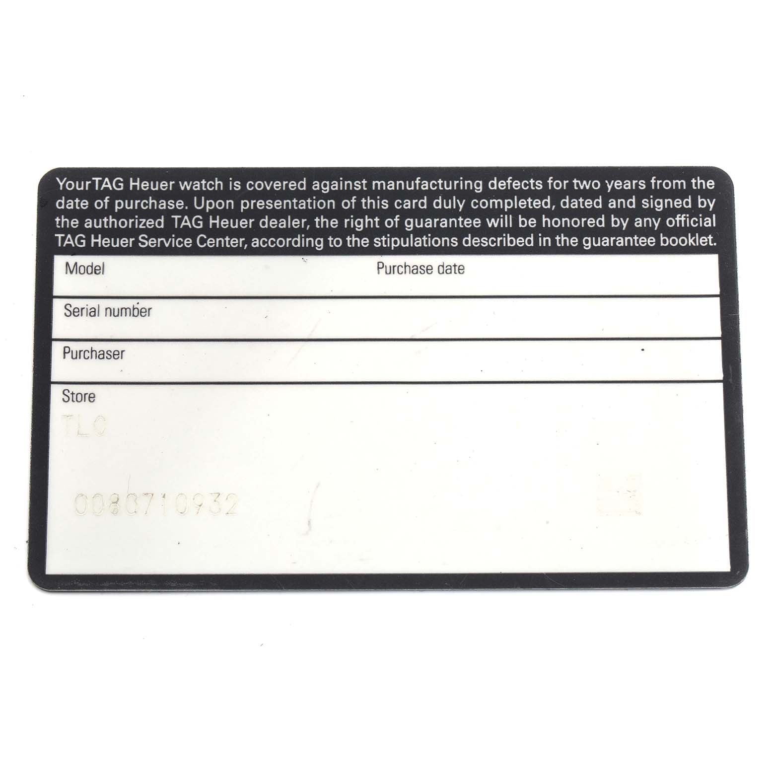 The image shows a warranty card for a Tag Heuer Carrera CV2A11 Men
s Stainless Steel Silver Dial watch, displaying fields for model, serial number, purchaser, and store.