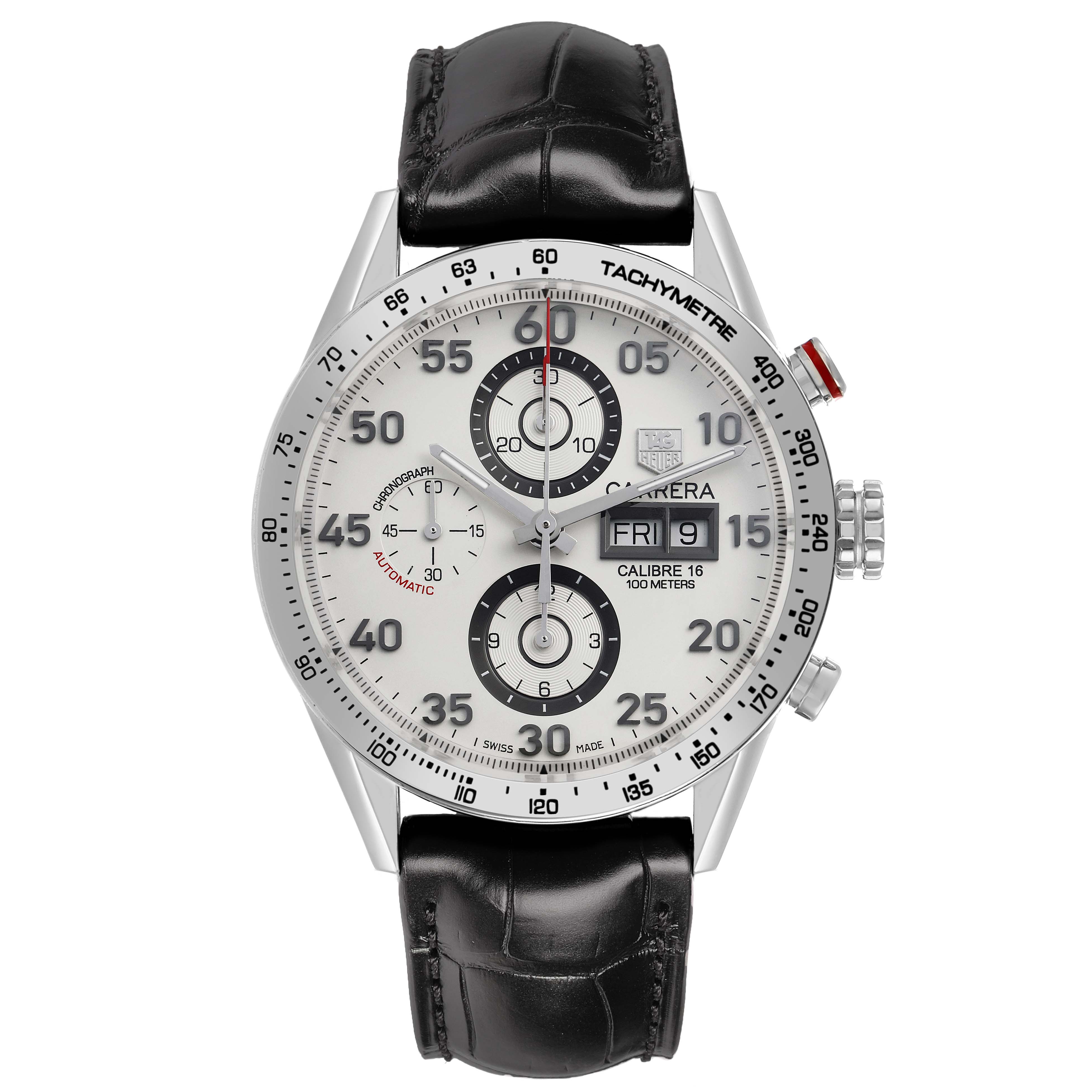 The Tag Heuer Carrera CV2A11 Men
s Stainless Steel Silver Dial watch is shown from the front, displaying the dial, tachymeter bezel, and leather strap.