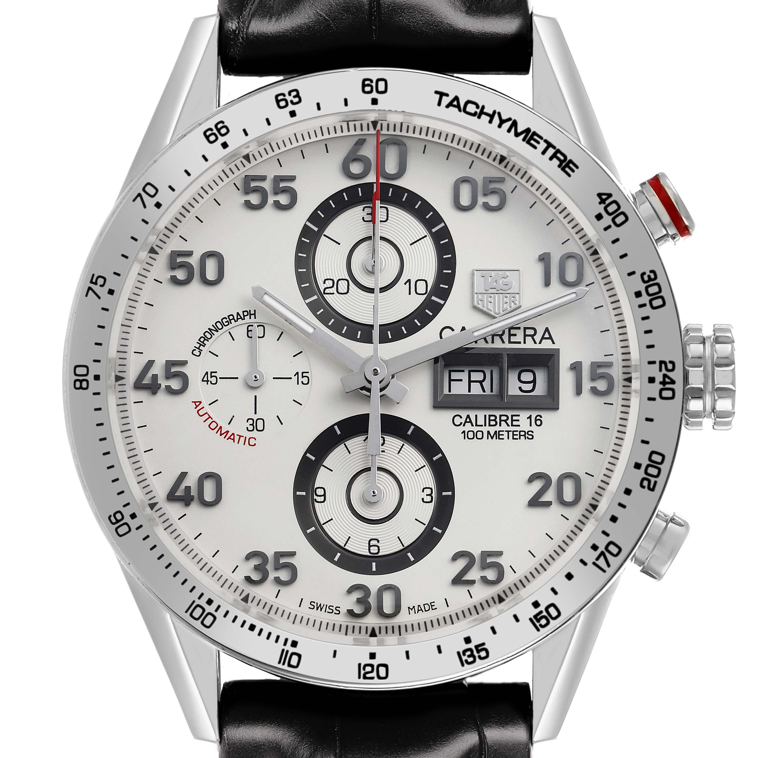 The image shows a front view of the Tag Heuer Carrera CV2A11 Men
s Stainless Steel Silver Dial watch, detailing the dial, tachymeter, subdials, date, and crown.