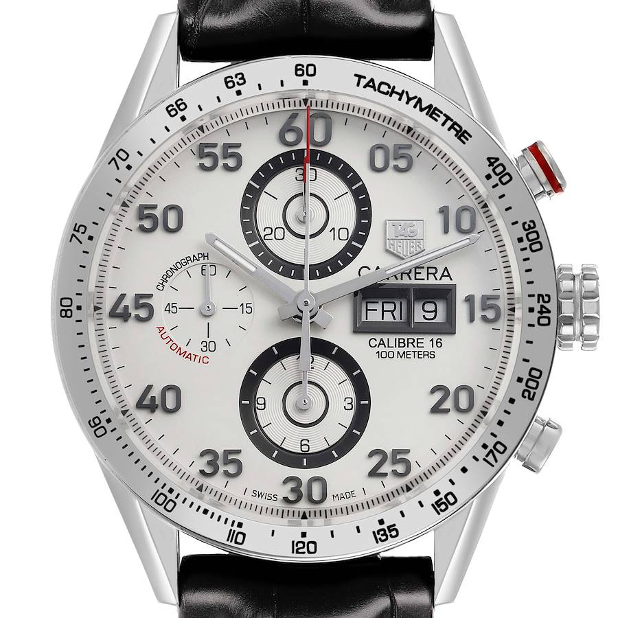 The image shows a front view of the Tag Heuer Carrera CV2A11 Men's Stainless Steel Silver Dial watch, detailing the dial, tachymeter, subdials, date, and crown.