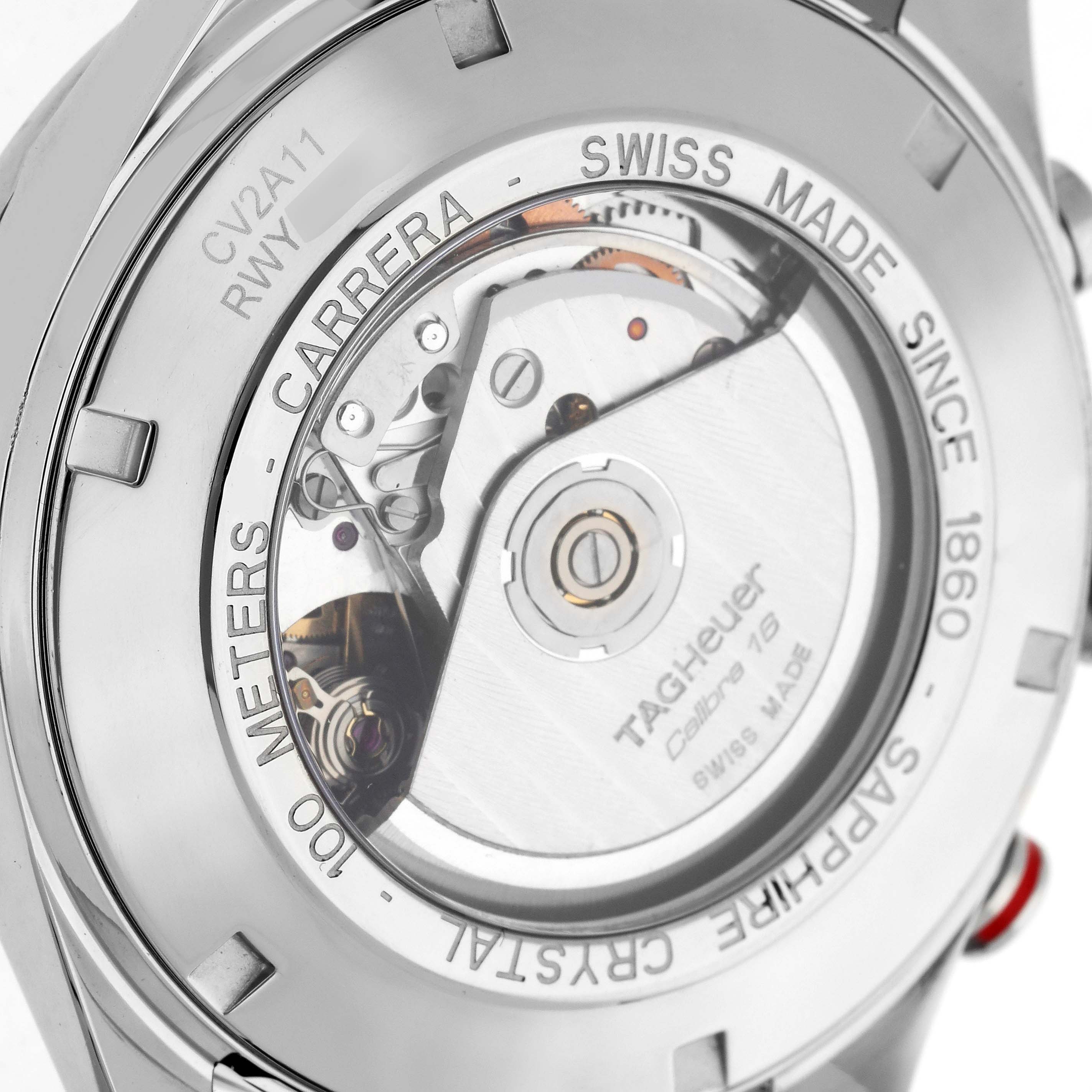 The image shows the back of a Tag Heuer Carrera CV2A11 Men
s Stainless Steel Silver Dial, displaying its movement through a transparent case back.
