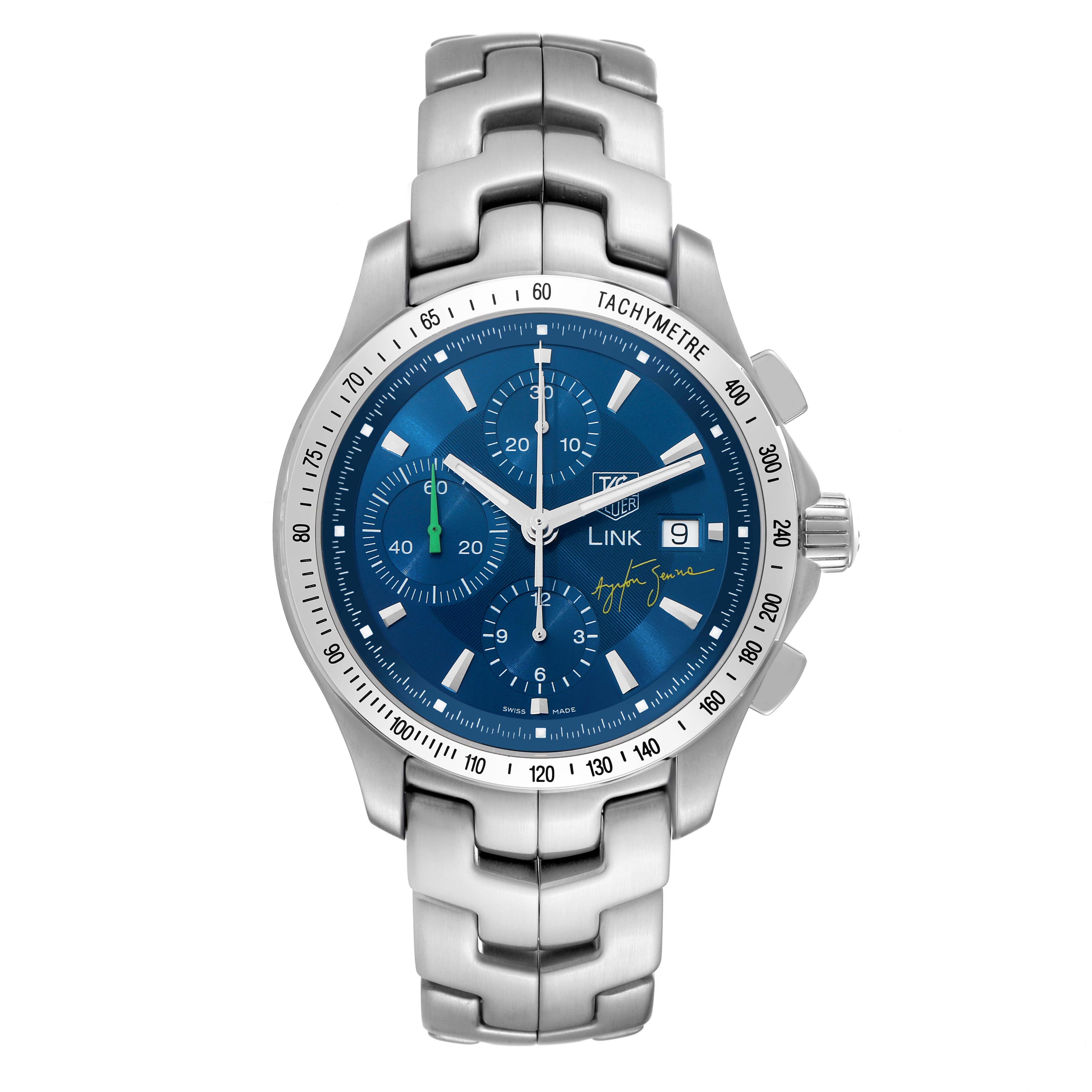 The image shows a frontal view of the Tag Heuer Link Limited Edition watch, highlighting its blue dial and stainless steel bracelet.
