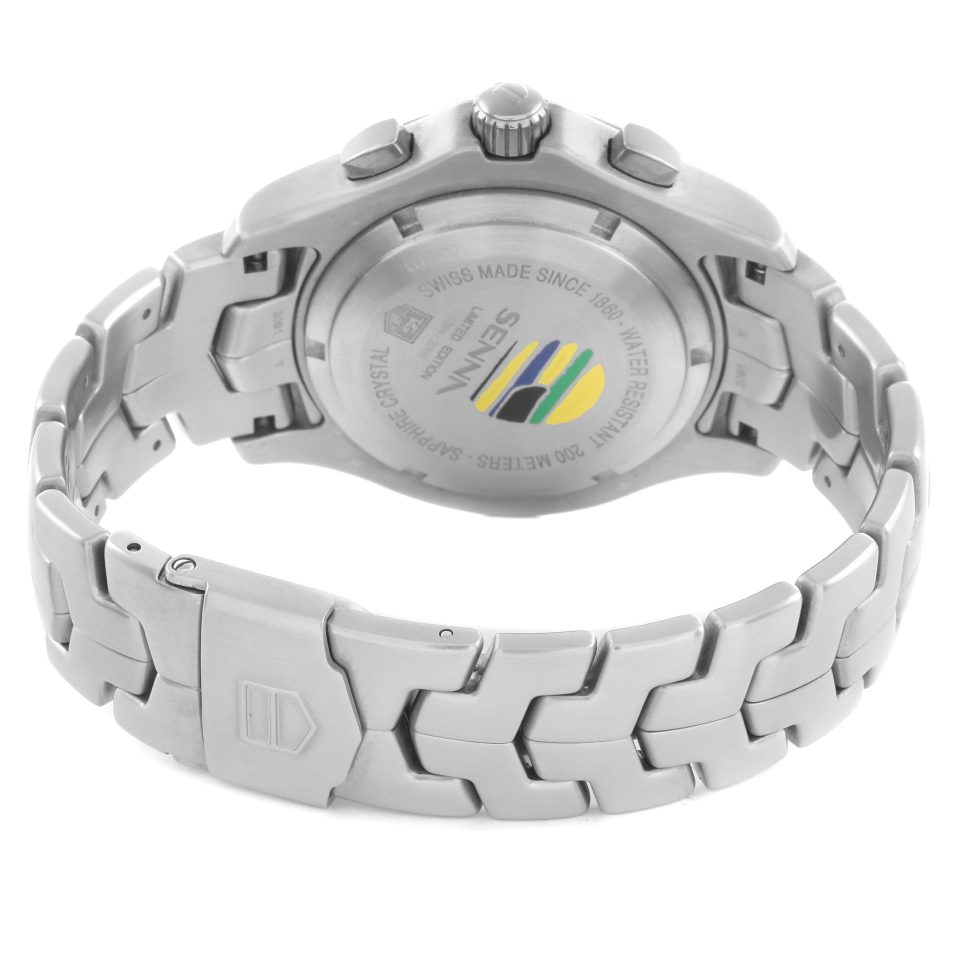 The image shows the back view of the Tag Heuer Limited Edition CJF2113.BA0576 Men
s Stainless Steel Blue Dial watch, highlighting the case back, bracelet, and clasp.