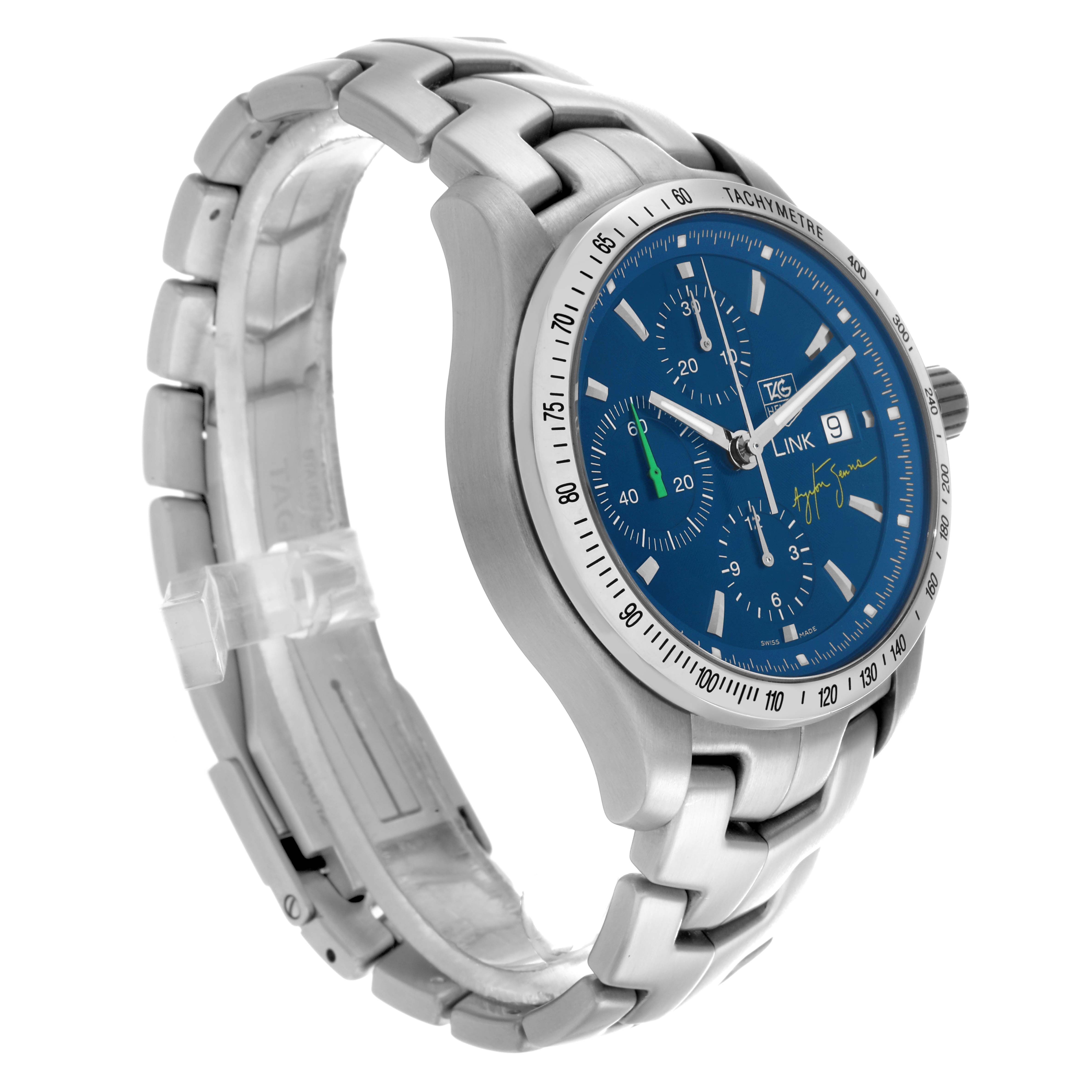 The Tag Heuer Limited Edition CJF2113.BA0576 Men
s Stainless Steel Blue Dial watch is shown at a three-quarter angle, highlighting the bracelet, blue dial, and tachymeter bezel.