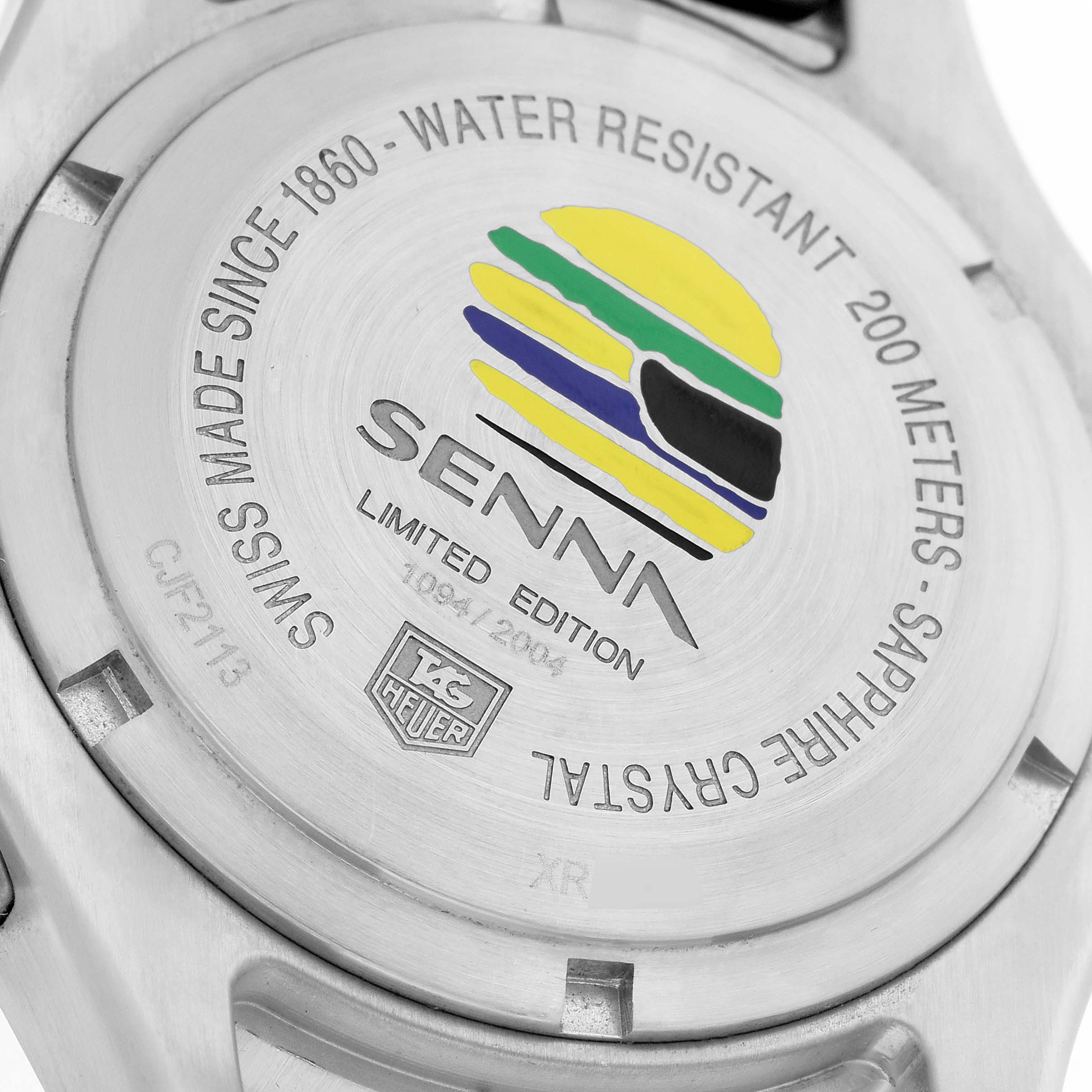 The image shows the back of the Tag Heuer Senna Limited Edition watch, highlighting its engraved details.