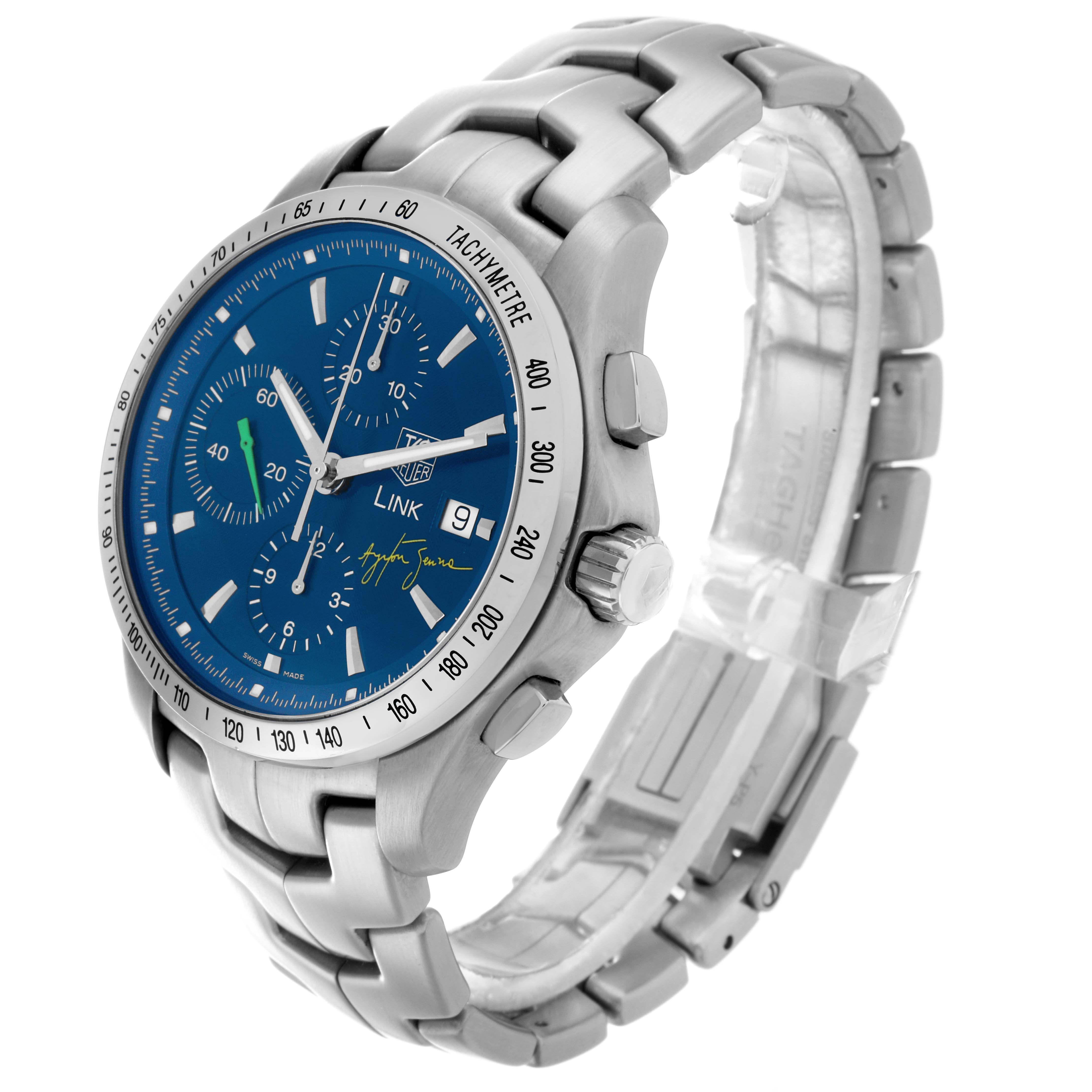 The Tag Heuer Limited Edition CJF2113.BA0576 Men
s Stainless Steel Blue Dial model is shown at a three-quarter angle, highlighting the face, tachymeter bezel, crown, and metal bracelet.