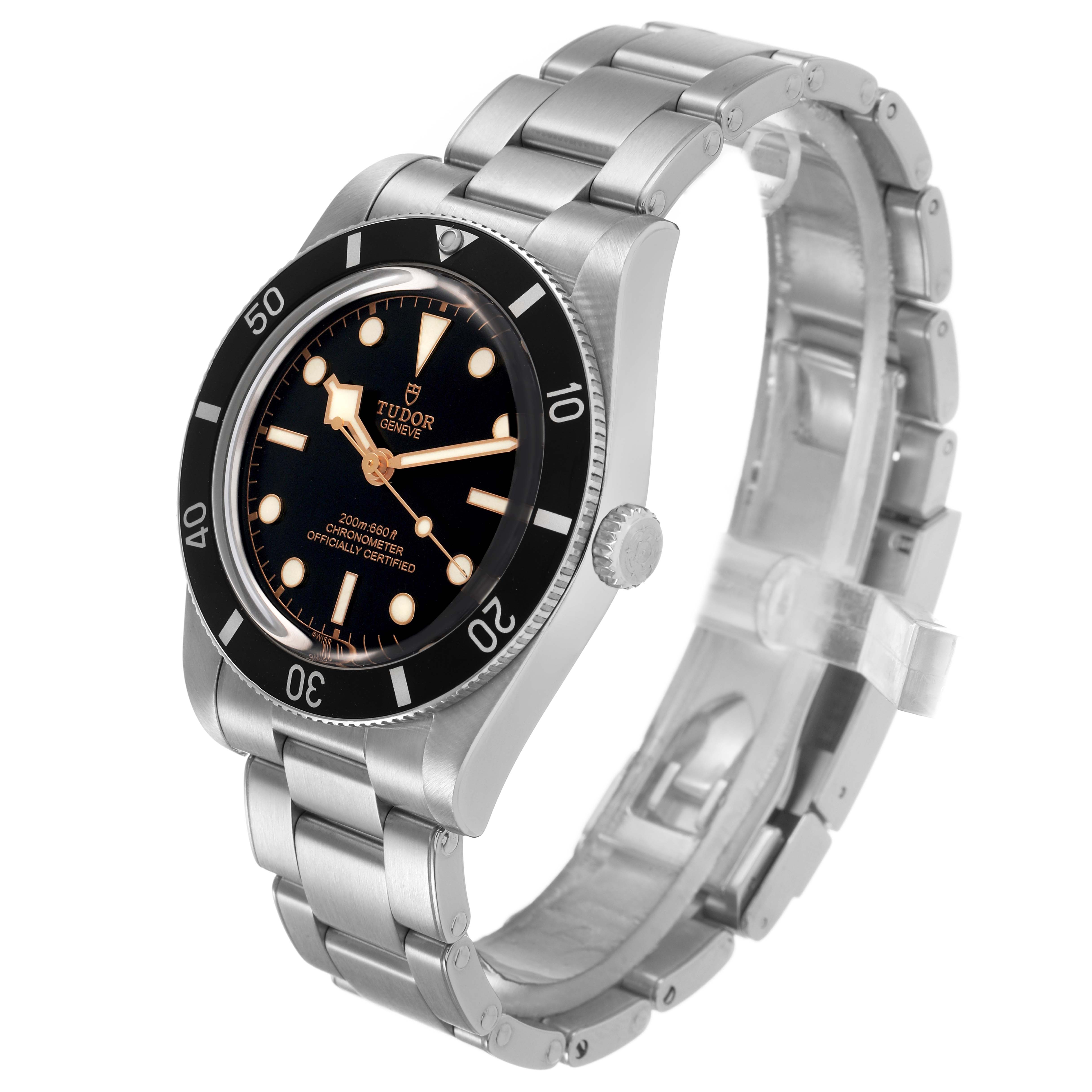 The Tudor Heritage Black Bay M79000N-0002 Men's Stainless Steel Black Dial watch is shown side-on, highlighting the bezel, dial, crown, and bracelet.