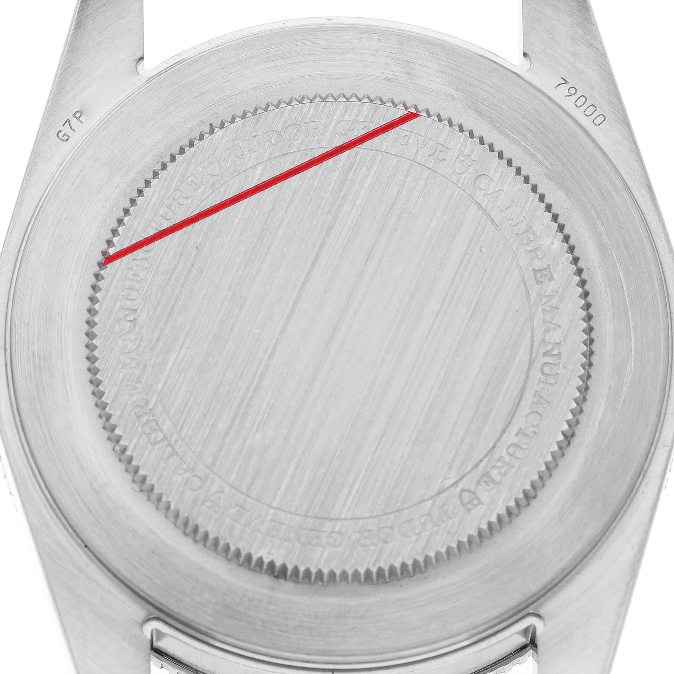 The image shows the case back of a Tudor Heritage Black Bay M79000N-0002 Men's Stainless Steel Black Dial watch from a direct angle.