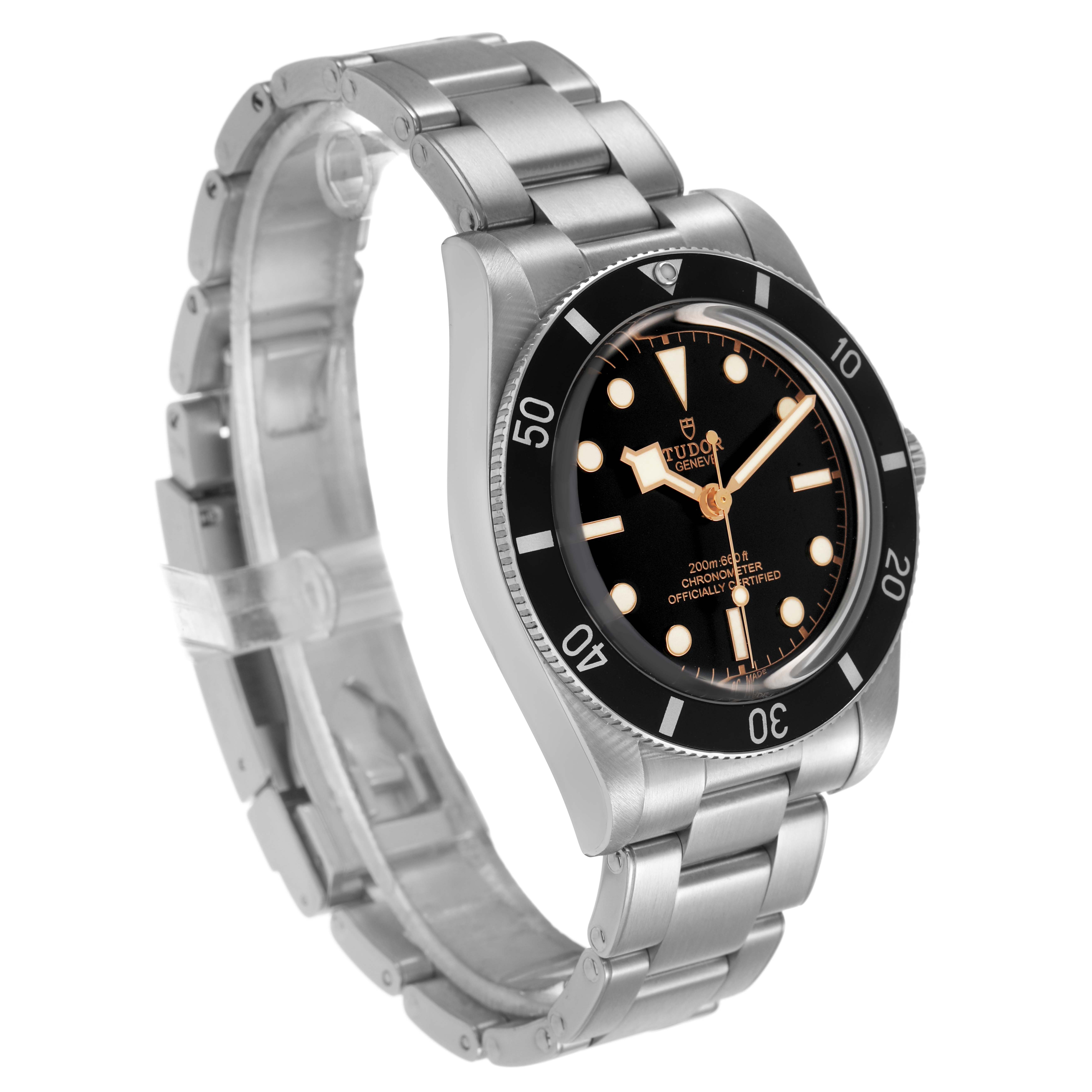 The Tudor Heritage Black Bay M79000N-0002 Men's Stainless Steel Black Dial is shown at a three-quarter angle, highlighting the face, bezel, and full bracelet.