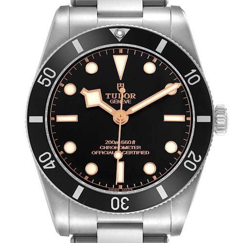 The image shows a front view of the Tudor Heritage Black Bay M79000N-0002 Men's Stainless Steel Black Dial watch, displaying its dial, bezel, and part of the bracelet.