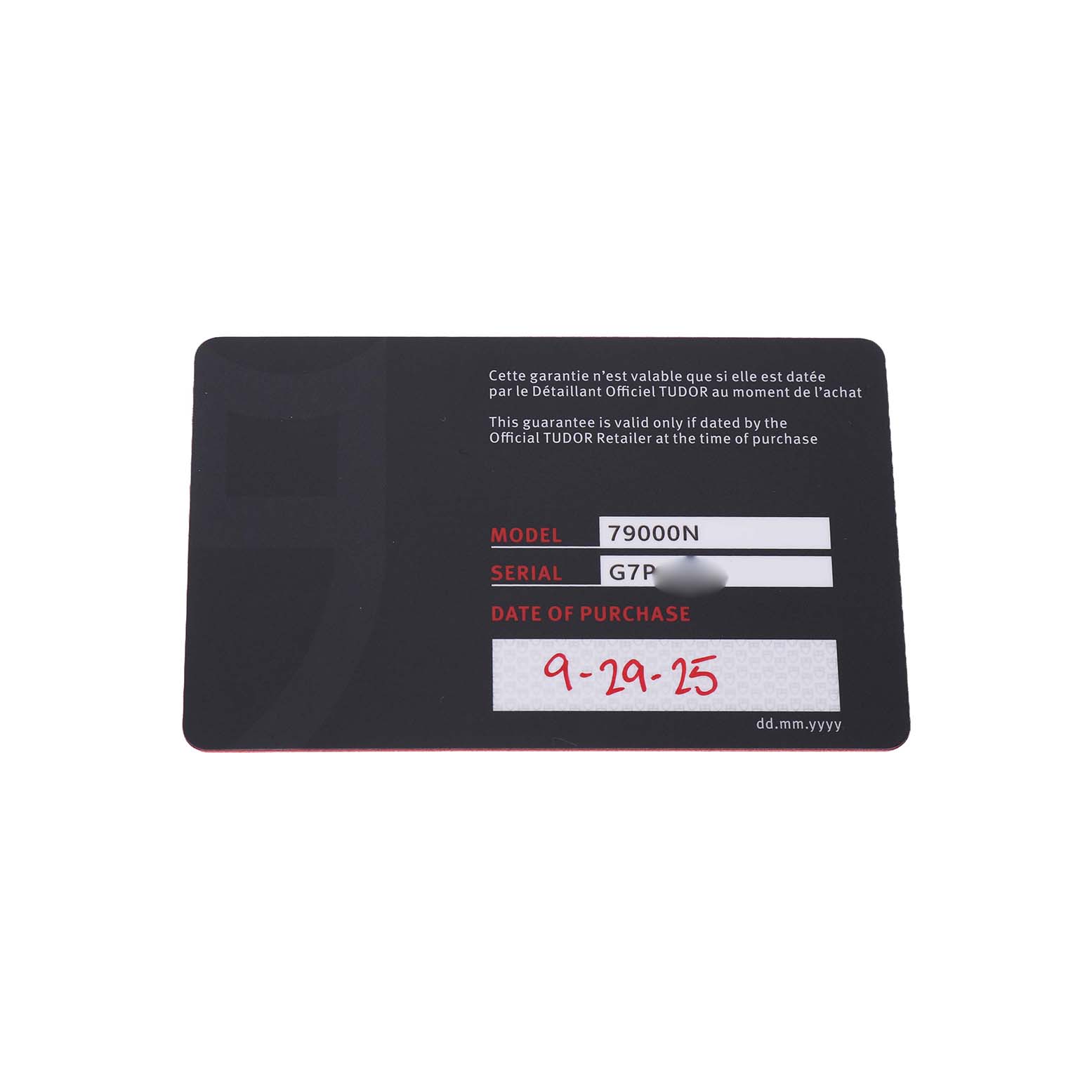 The image shows a warranty card for a Tudor Heritage Black Bay M79000N-0002 Men's Stainless Steel Black Dial watch, displaying model and serial information.