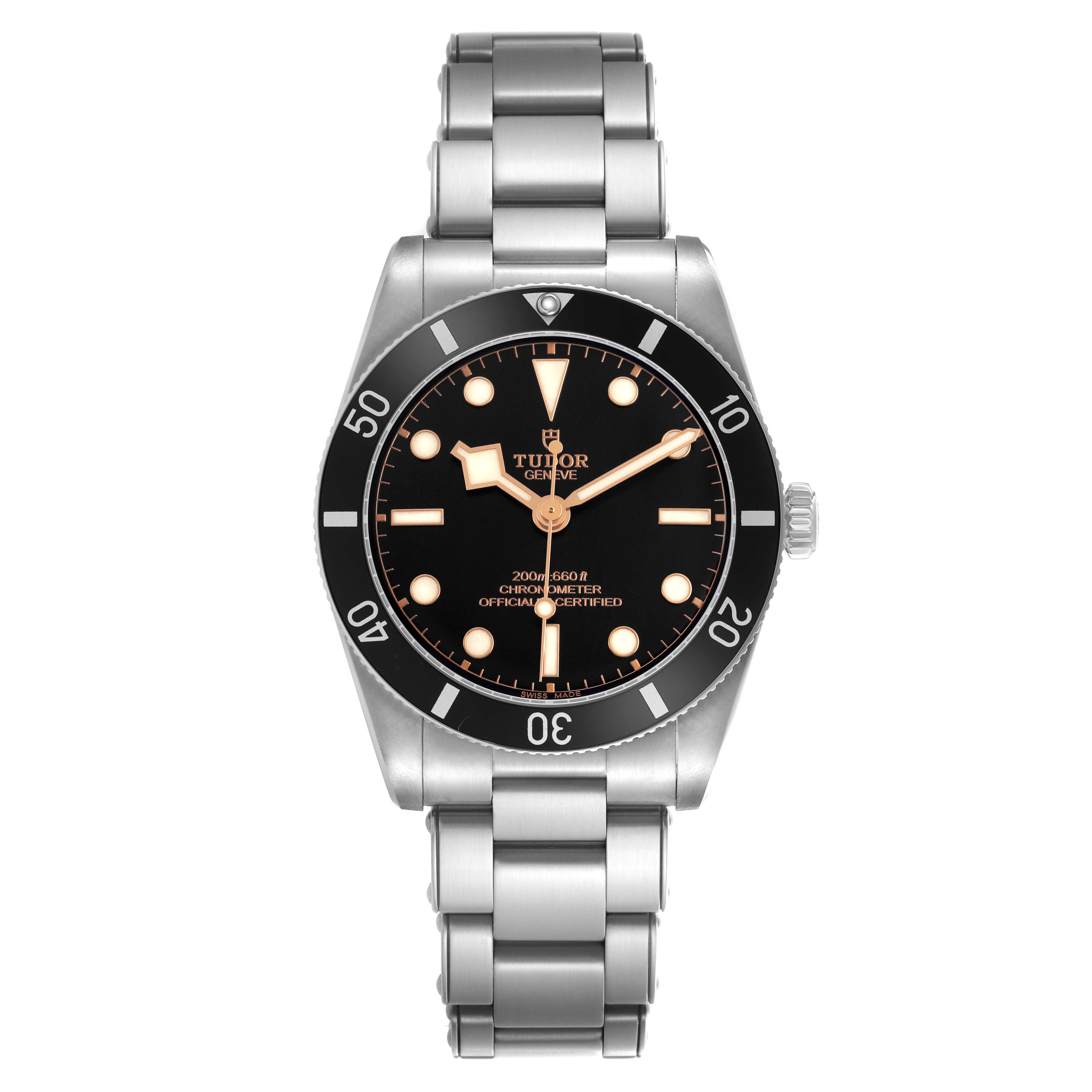 The Tudor Heritage Black Bay M79000N-0002 Men's Stainless Steel Black Dial watch is shown from the front, displaying the dial, bezel, and bracelet.