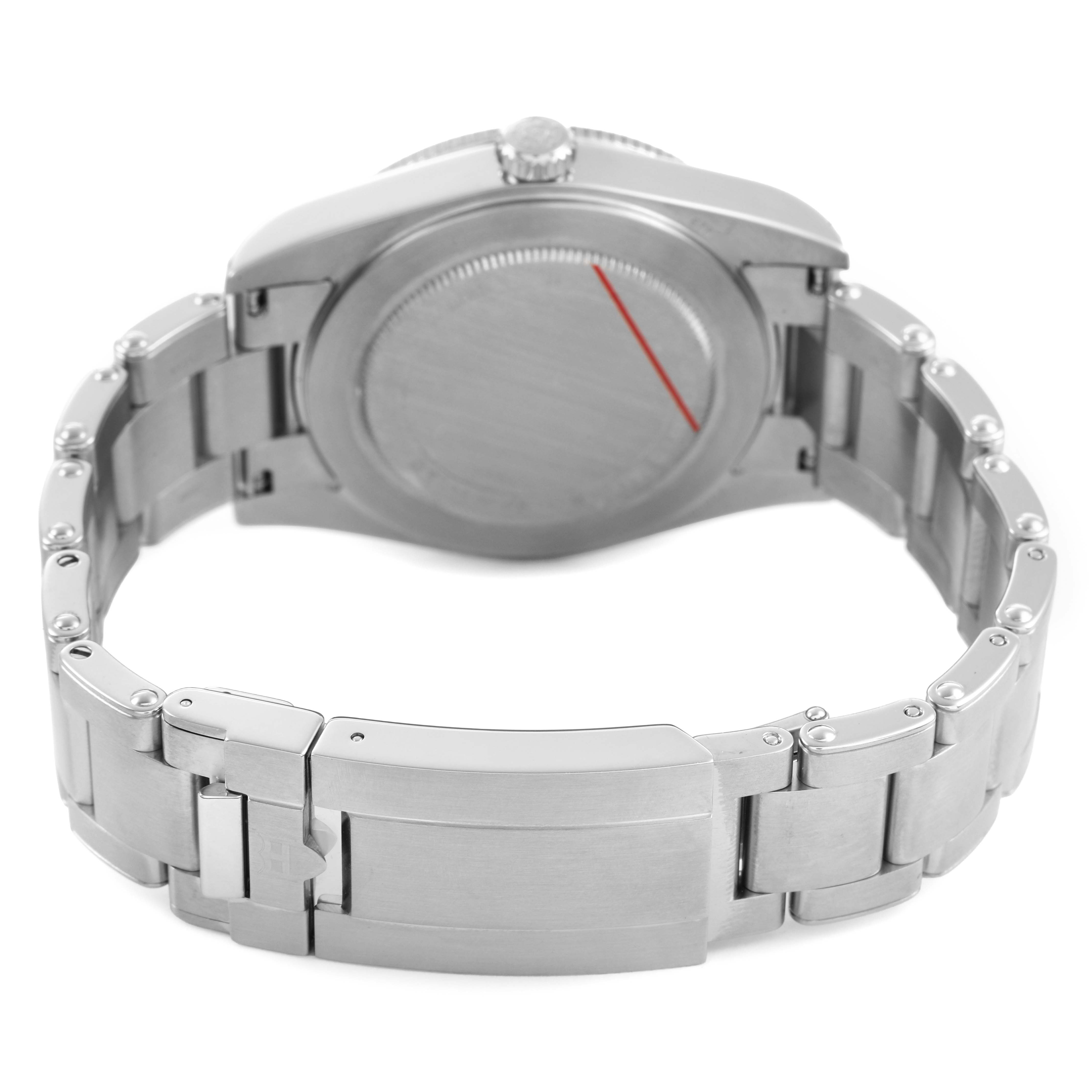 The image shows the back view and bracelet of a Tudor Heritage Black Bay M79000N-0002 Men's Stainless Steel Black Dial watch, highlighting the clasp and case back.