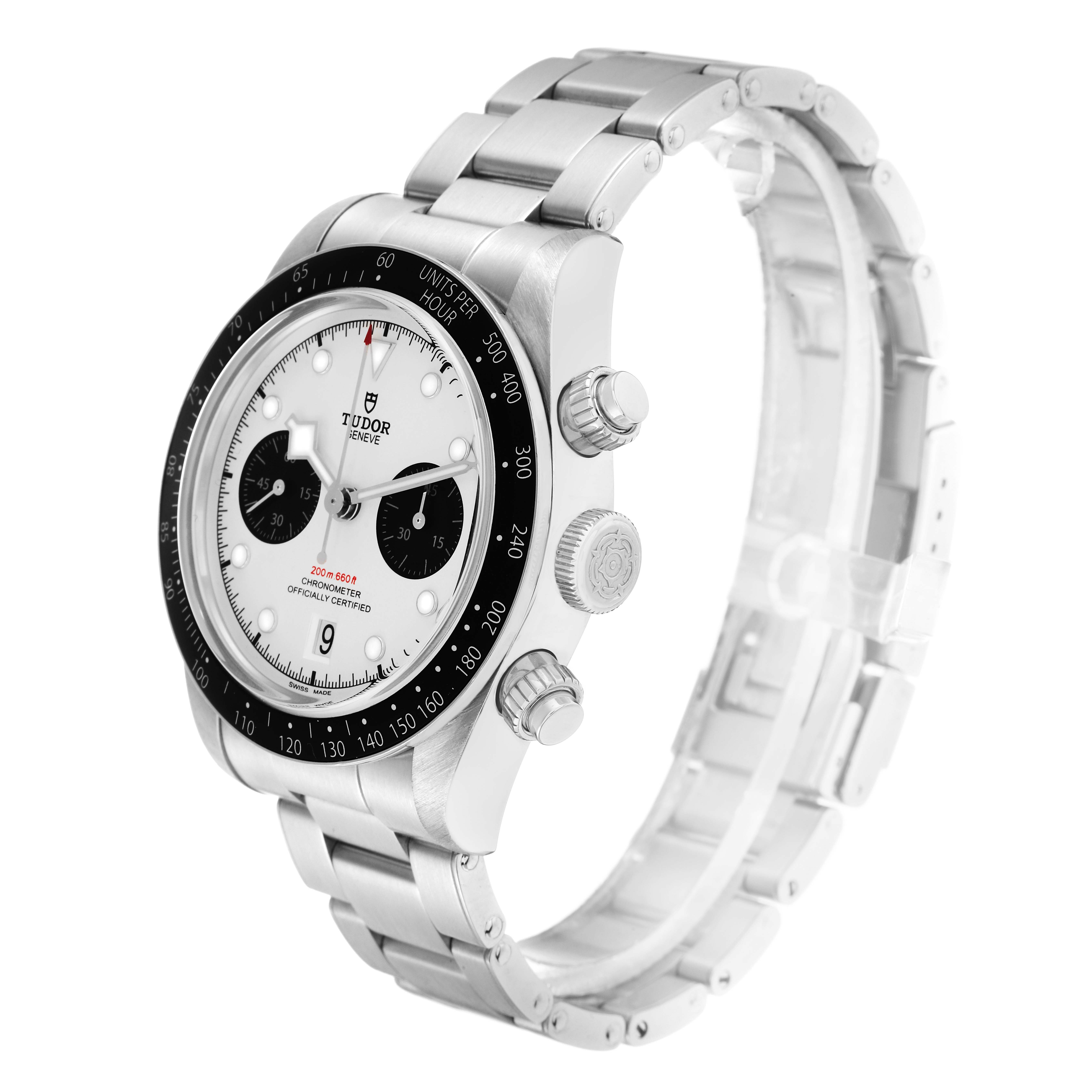 The Tudor Heritage Black Bay 79360 Men
s Stainless Steel Silver Dial watch is shown at a three-quarter angle, displaying its face, bezel, crown, and stainless steel bracelet.