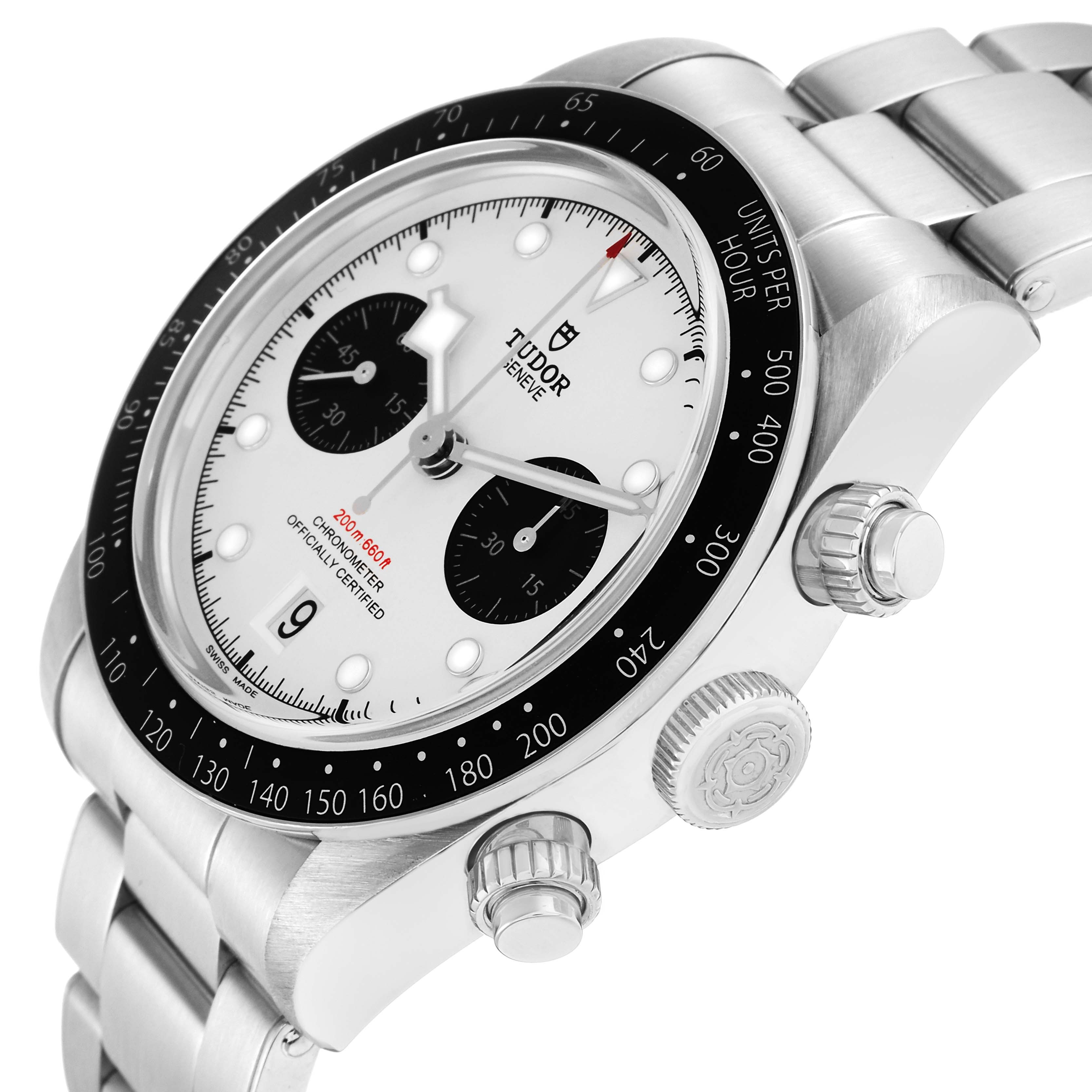 The Tudor Heritage Black Bay 79360 Men
s Stainless Steel Silver Dial watch is shown at a three-quarter angle, highlighting the bezel, dial, and side crown features.