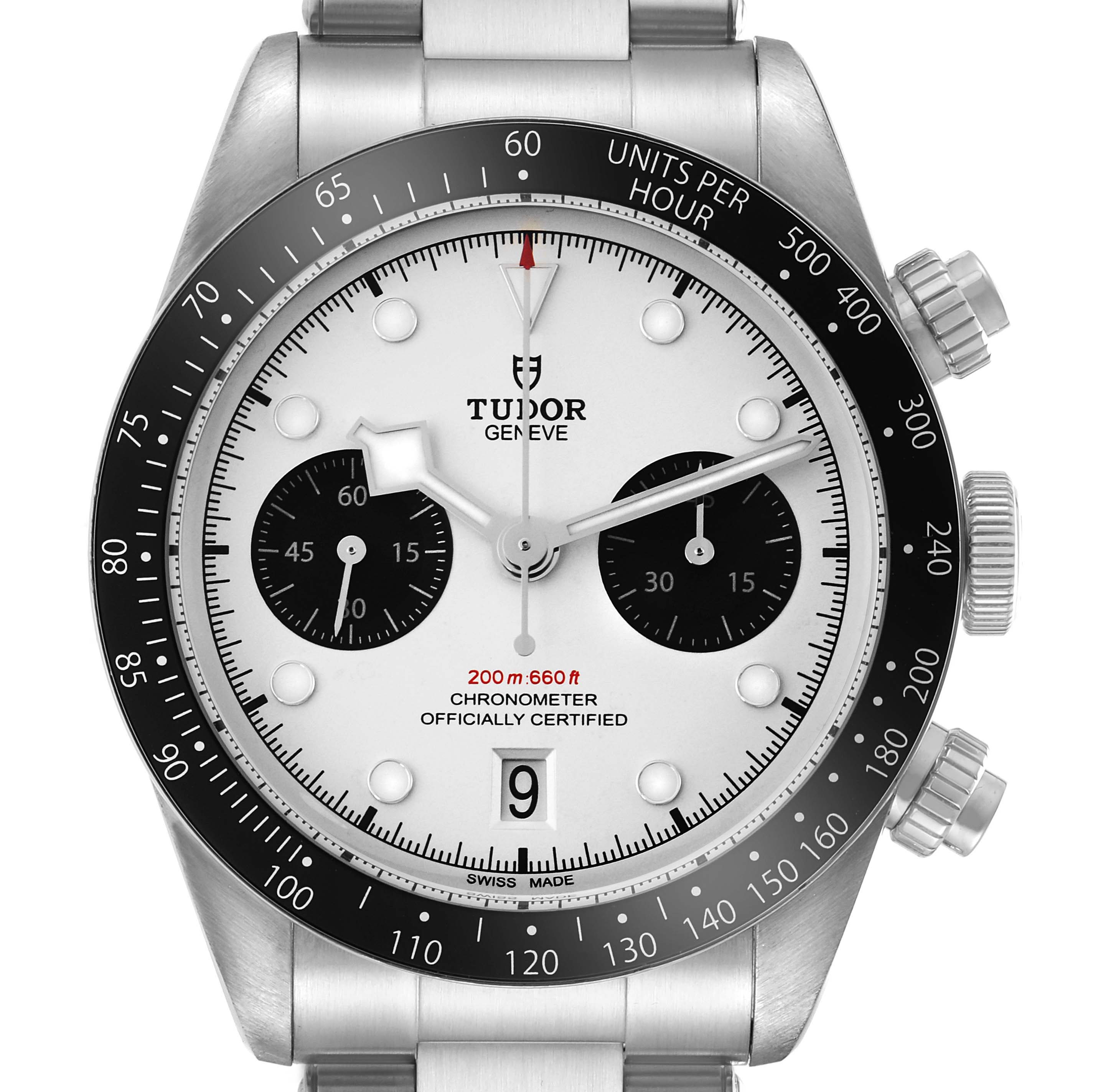 The Tudor Heritage Black Bay 79360 Men
s Stainless Steel Silver Dial watch is shown from the front, highlighting the dial, bezel, and stopwatch subdials.