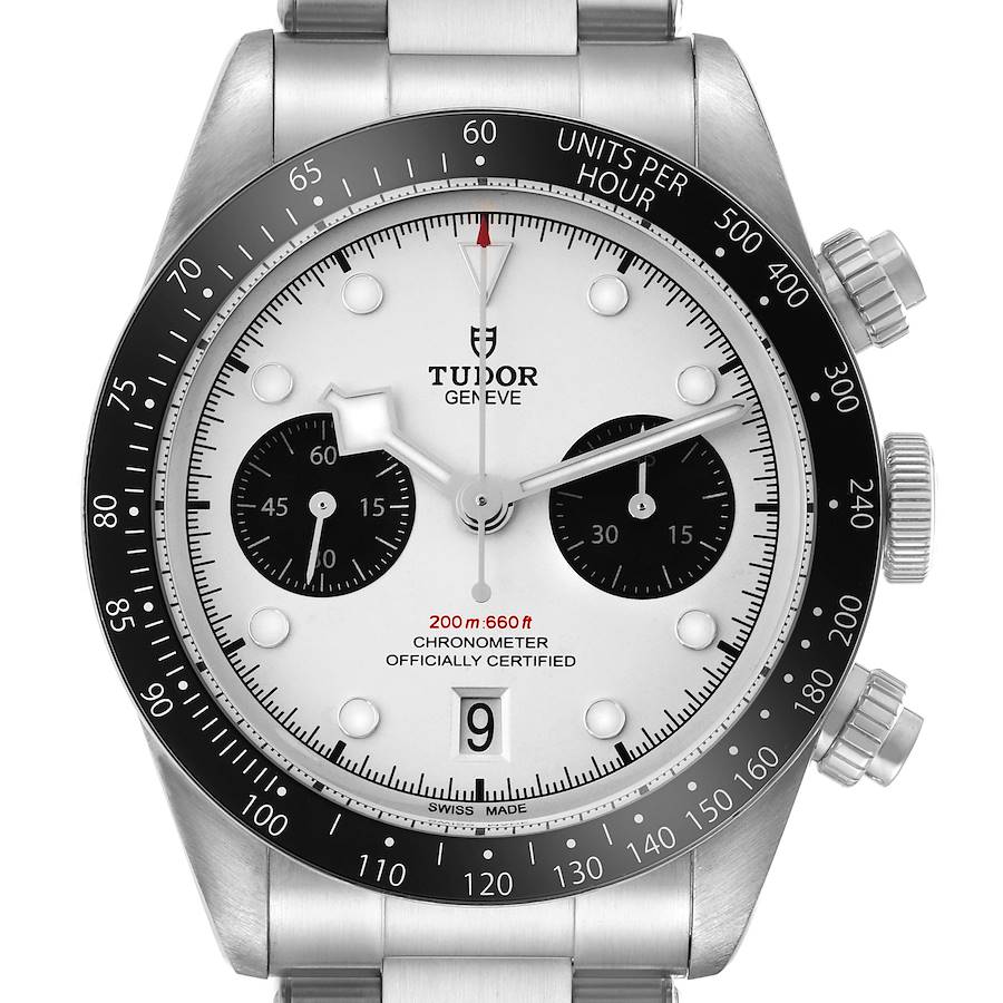 The Tudor Heritage Black Bay 79360 Men's Stainless Steel Silver Dial watch is shown from the front, highlighting the dial, bezel, and stopwatch subdials.