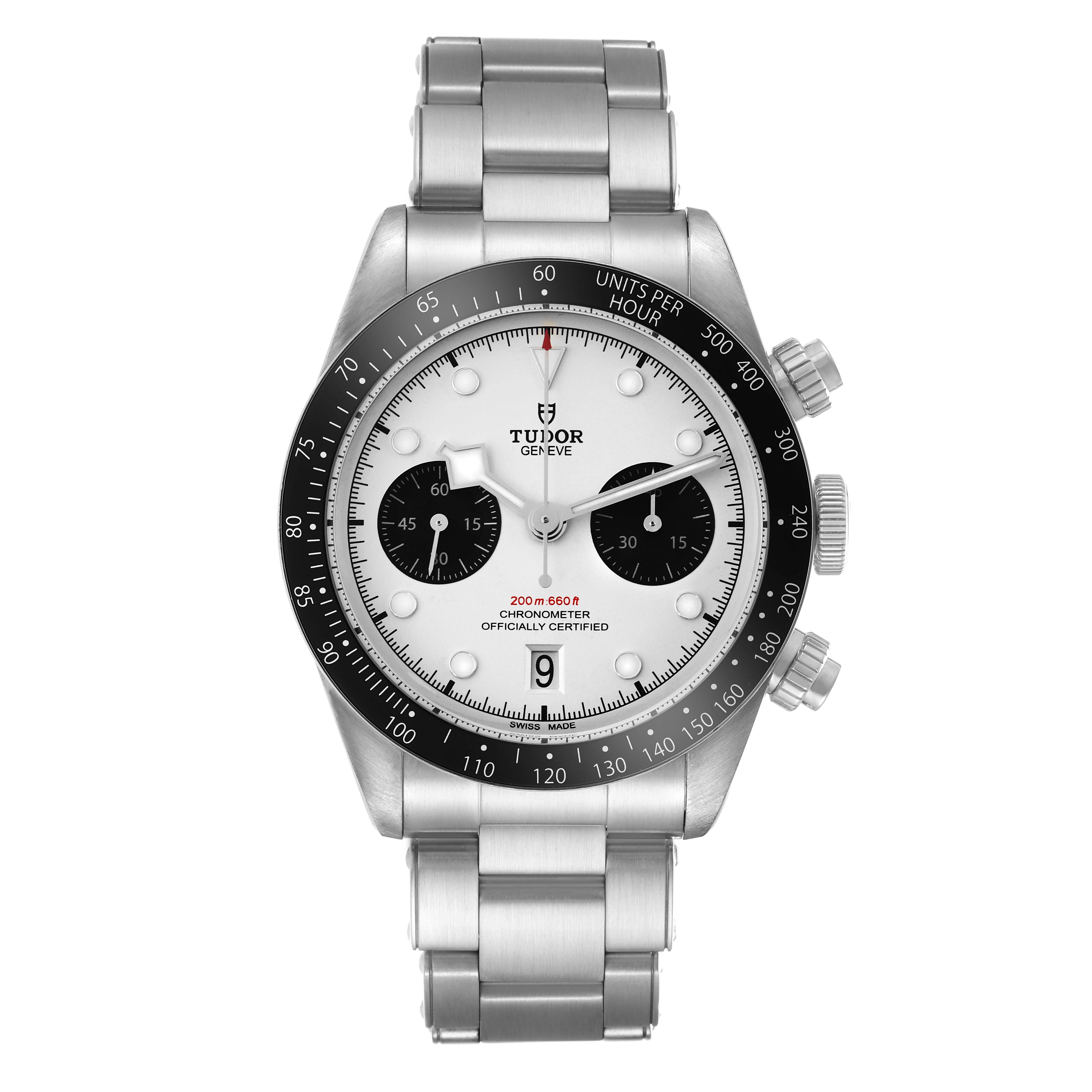 The Tudor Heritage Black Bay 79360 Men
s Stainless Steel Silver Dial watch is shown from a front angle, displaying its dial, bezel, and bracelet.