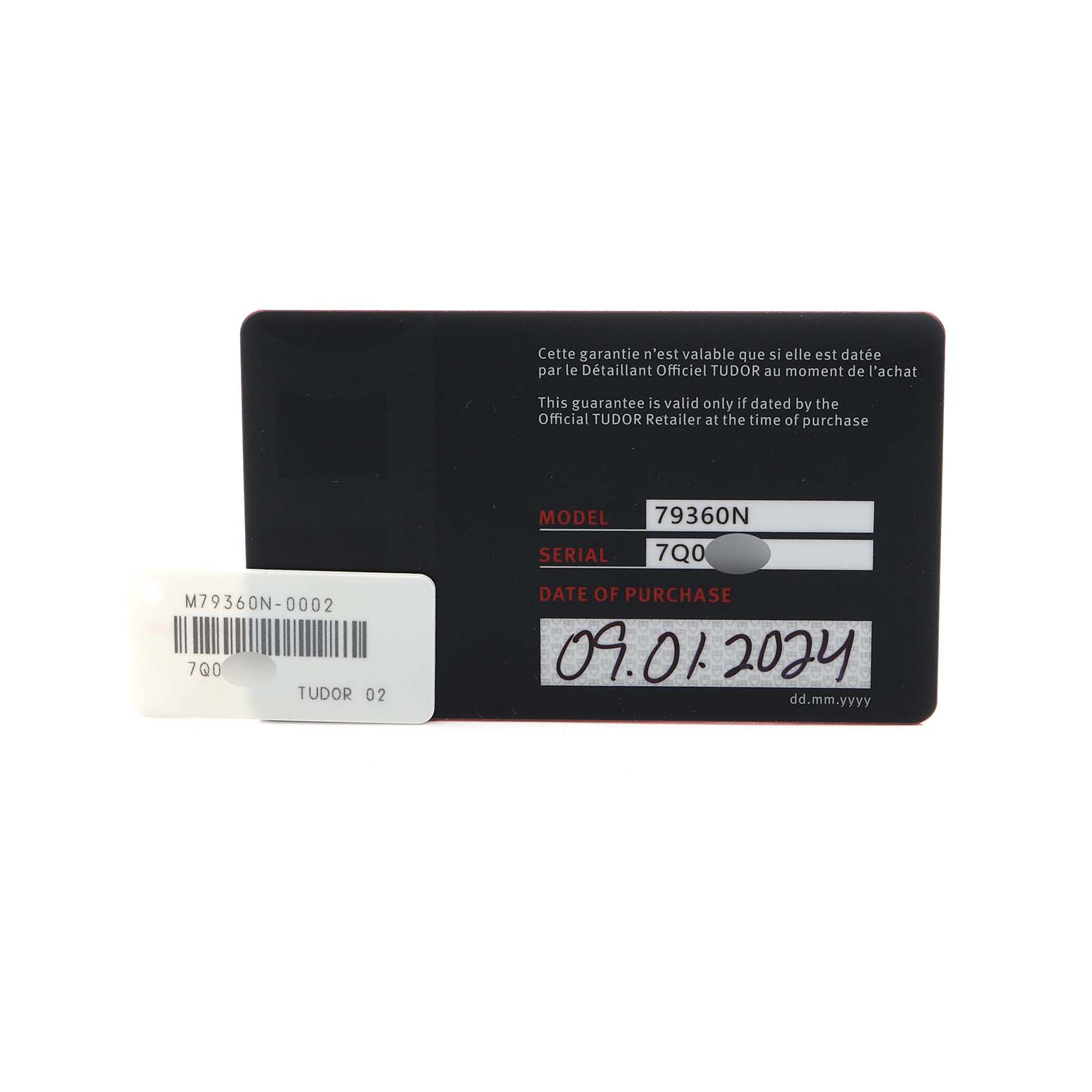The image shows a warranty card for the Tudor Heritage Black Bay 79360 Men
s Stainless Steel Silver Dial model, displaying the model number, serial number, and purchase date.