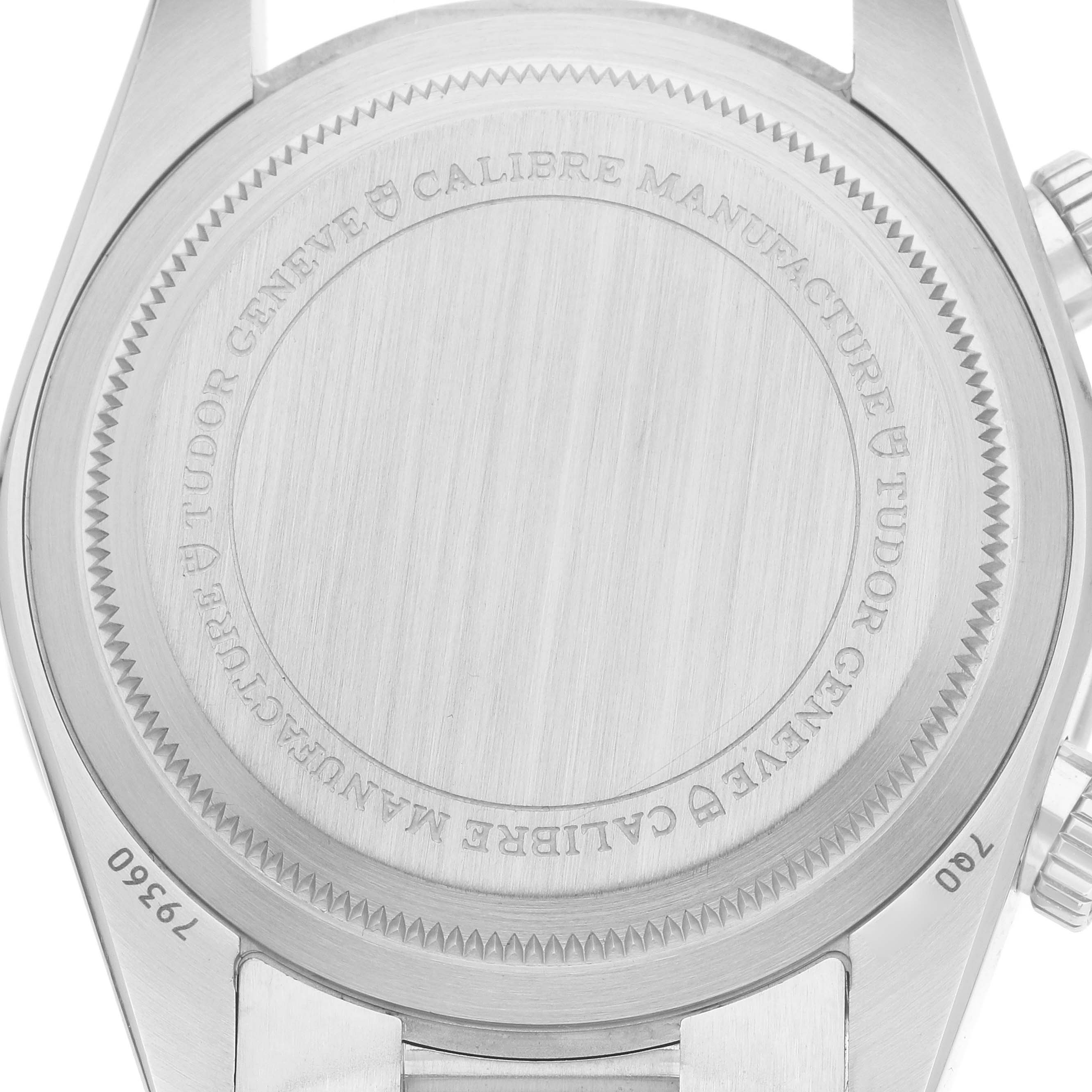 The image shows the back view of the Tudor Heritage Black Bay 79360 Men
s Stainless Steel Silver Dial watch, highlighting the case back and lugs.