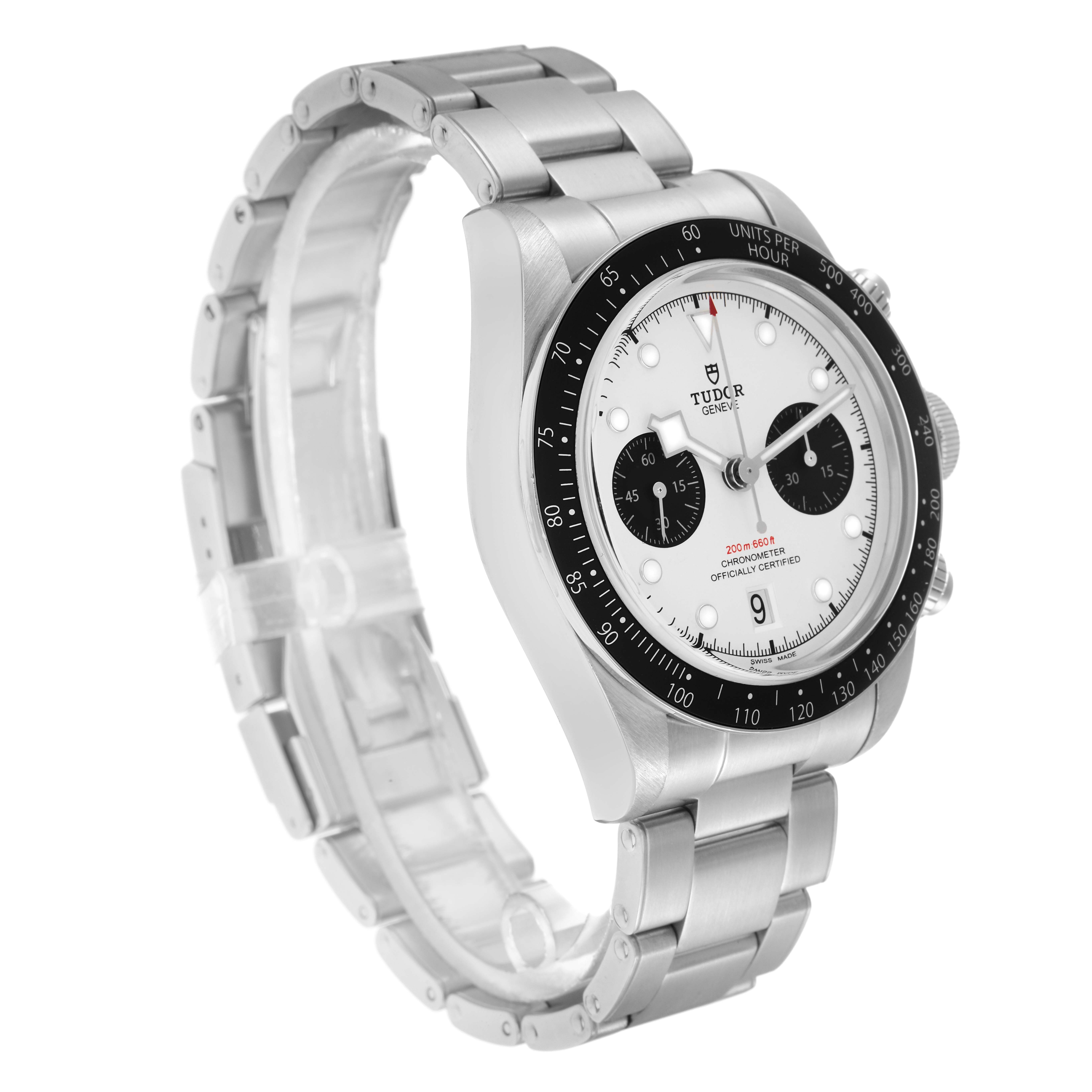 The Tudor Heritage Black Bay 79360 Men
s Stainless Steel Silver Dial watch is shown at a three-quarter angle, displaying the face, bezel, and bracelet clearly.