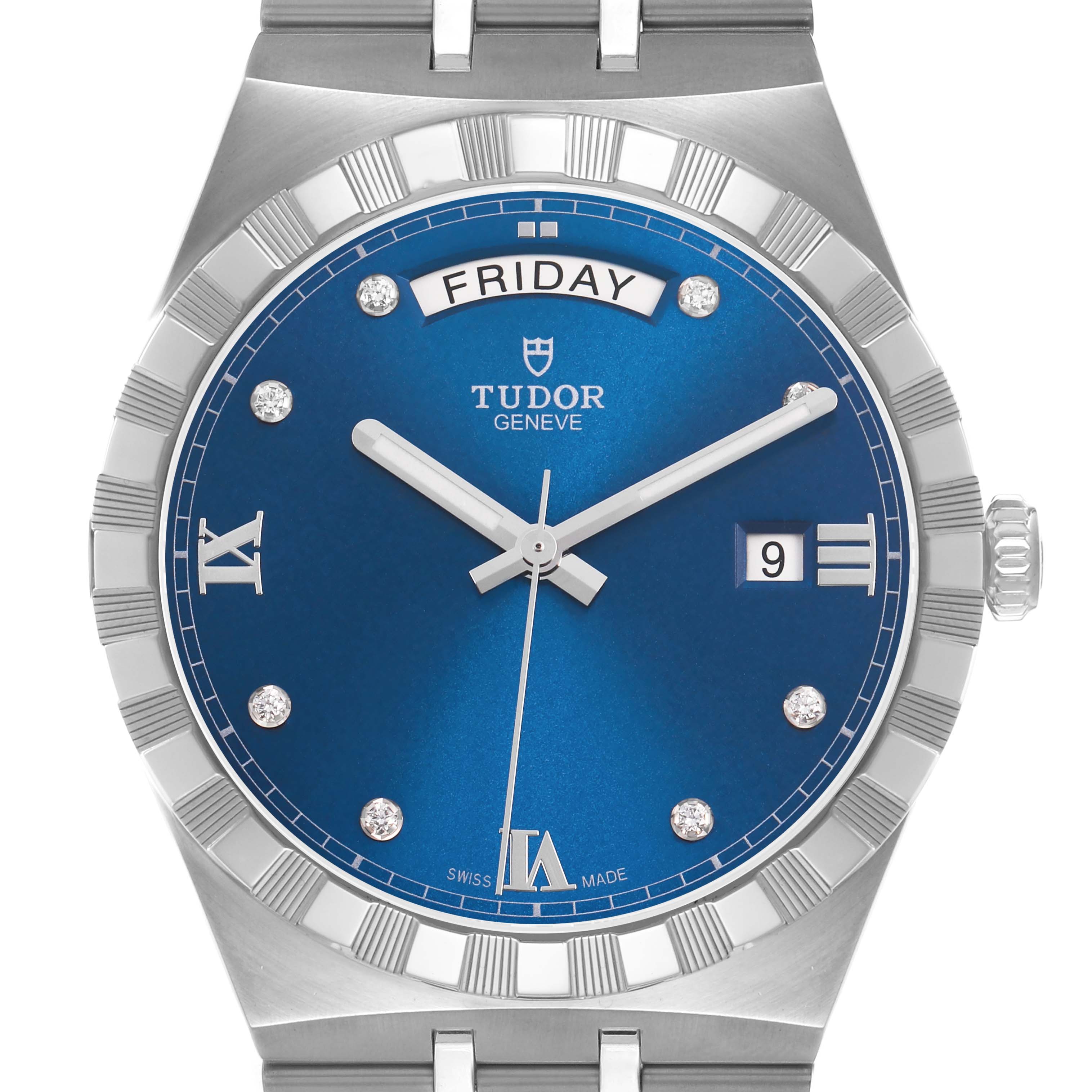 The image shows a front view of the Tudor Royal 28600 Men's Stainless Steel Blue Dial watch, highlighting its blue dial, day-date display, and diamond markers.