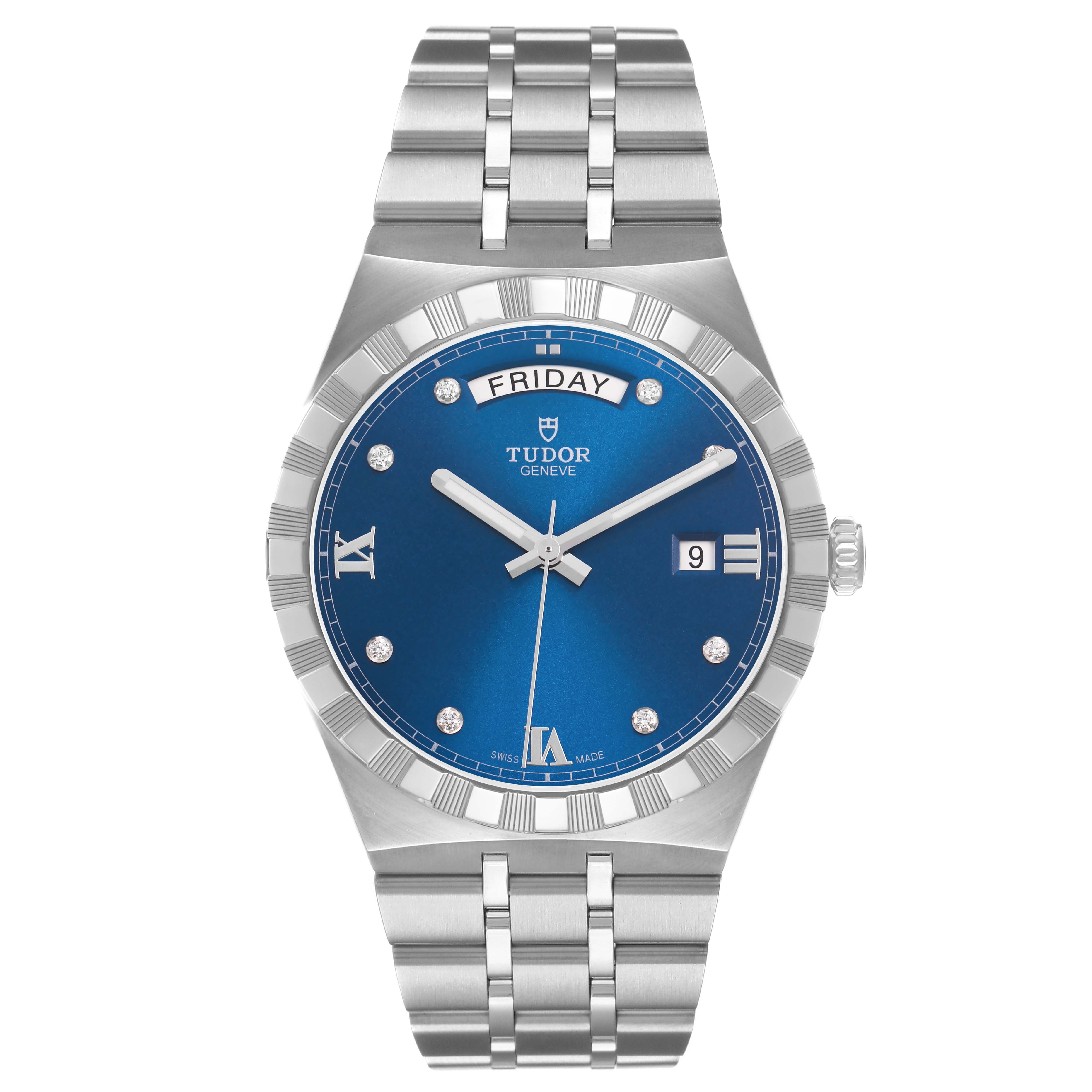 The Tudor Royal 28600 Men's Stainless Steel Blue Dial watch is shown from a front angle, highlighting its blue dial, day-date display, and metal bracelet.