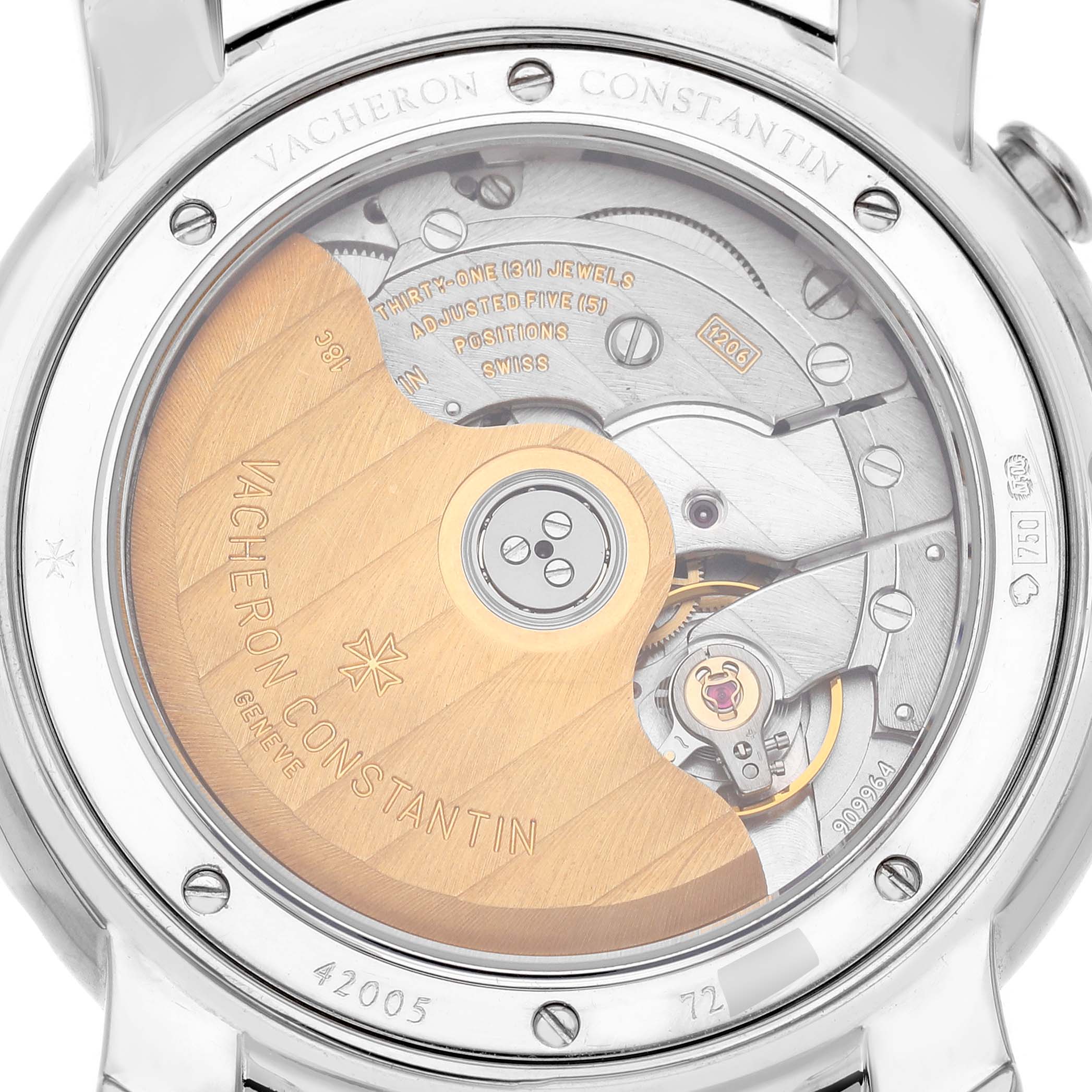 The image shows the back of a Vacheron Constantin Malte 42005 Men's White Gold Silver Dial watch, highlighting the movement and rotor through the transparent case back.