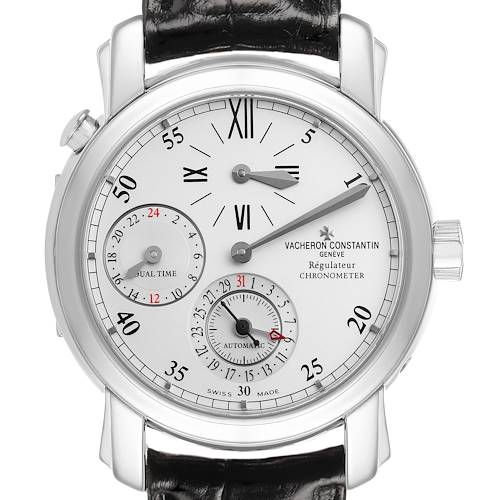The Vacheron Constantin Malte 42005 Men's White Gold Silver Dial watch is shown from the front, displaying the dial and subdials with a leather strap visible.