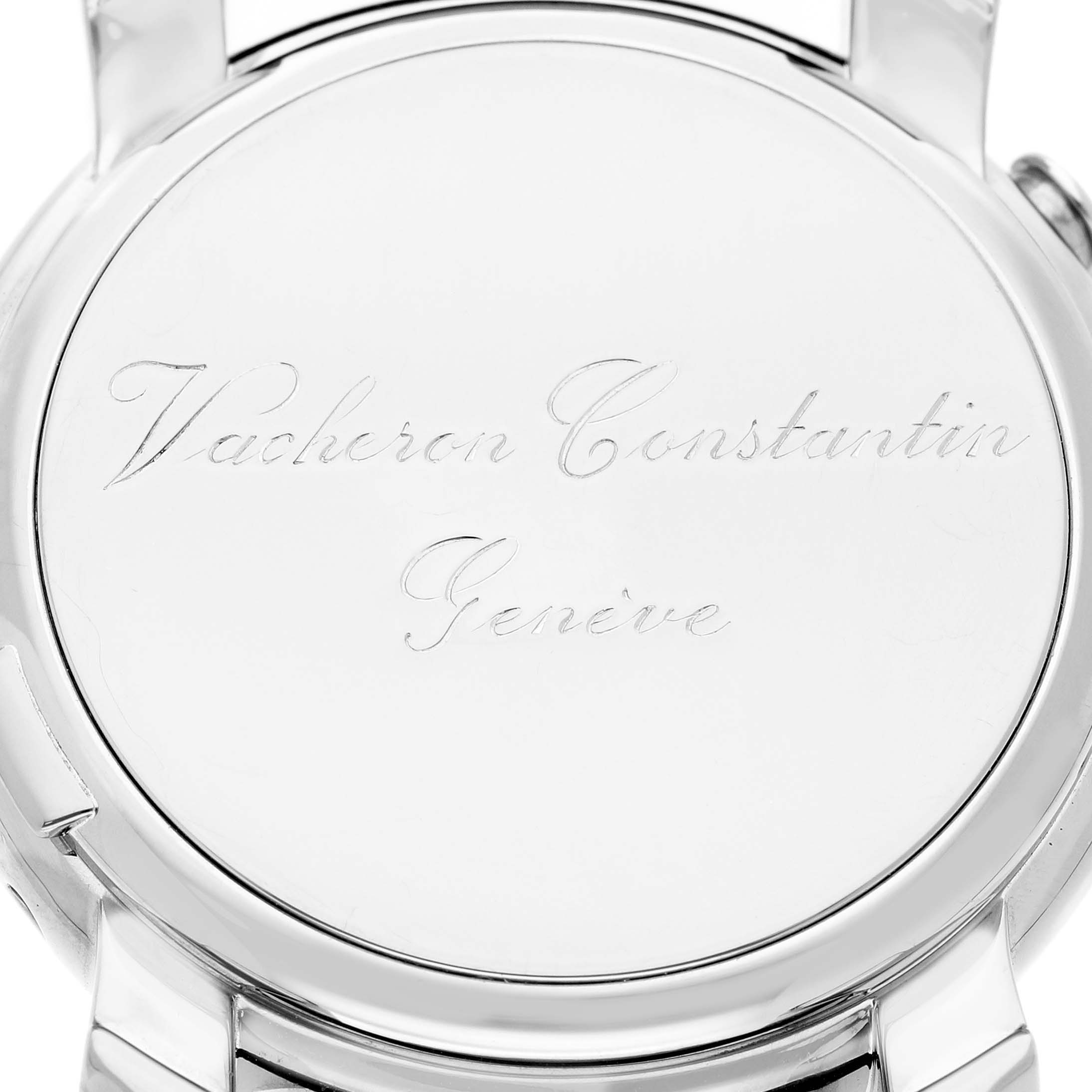 The image shows the engraved case back of a Vacheron Constantin Malte 42005 Men's White Gold Silver Dial watch.