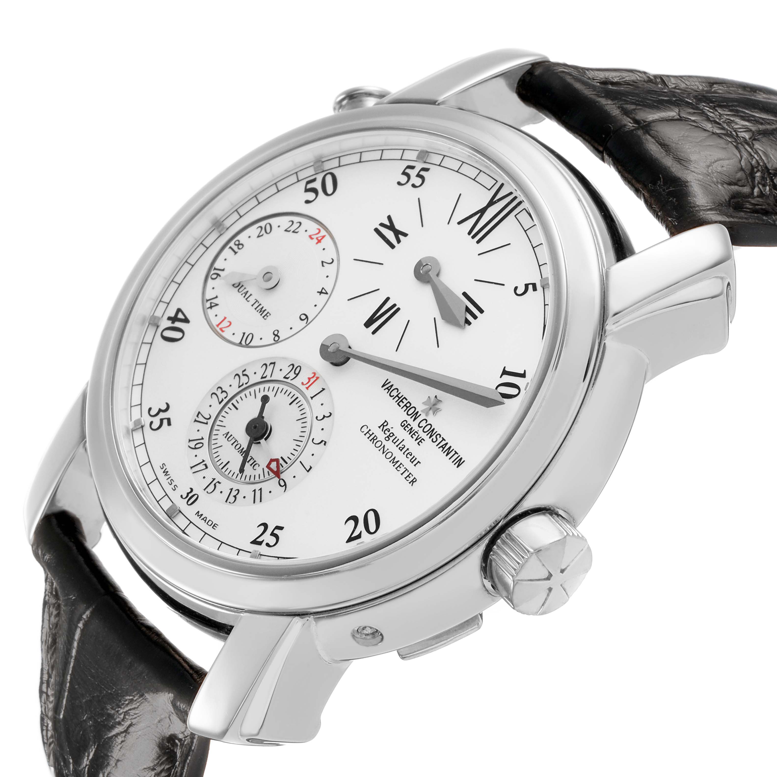 The Vacheron Constantin Malte 42005 Men's White Gold Silver Dial watch is shown at an angled view highlighting the face, dial, crown, and part of the leather strap.