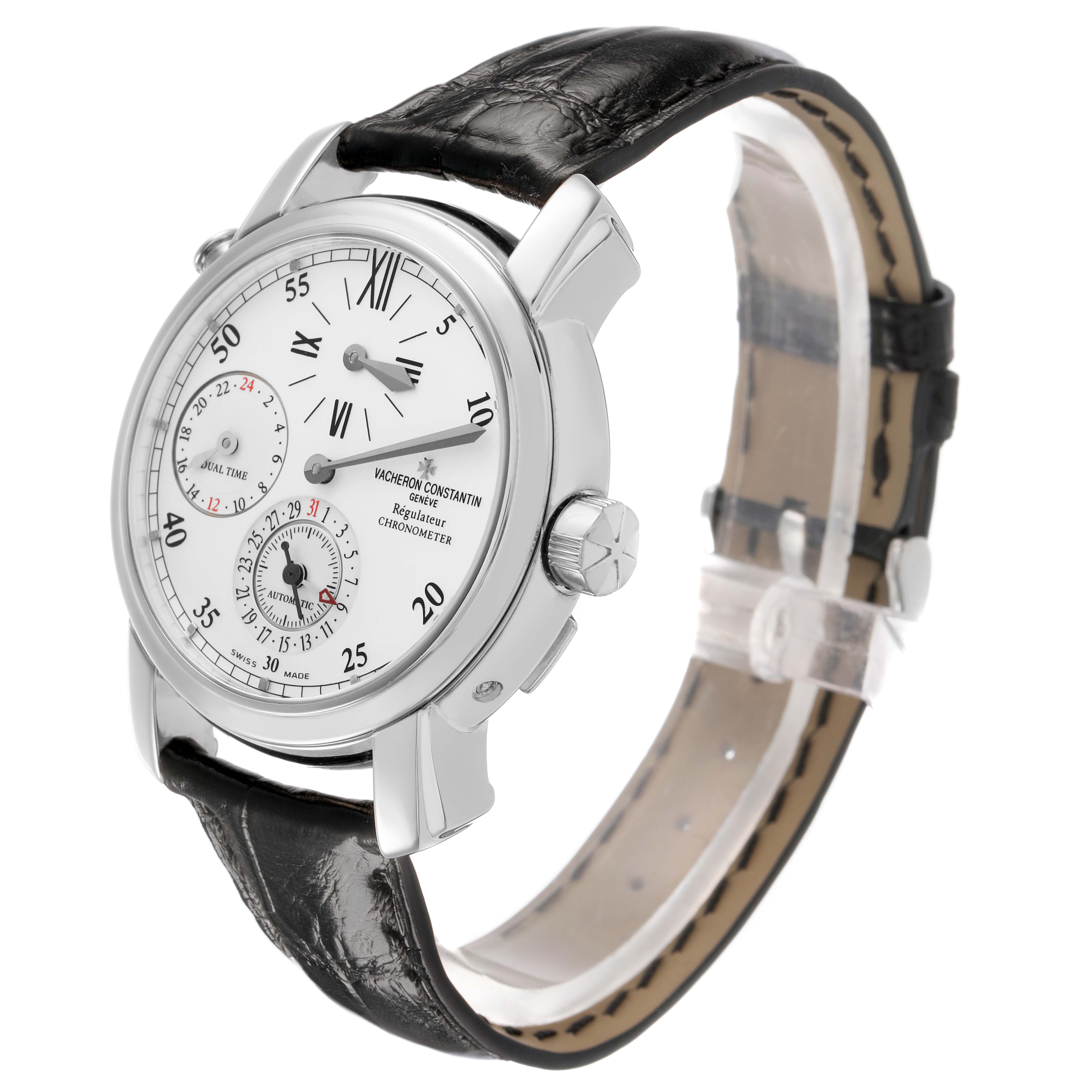 The Vacheron Constantin Malte 42005 Men's White Gold Silver Dial watch is shown at a slight angle, highlighting the dial, crown, and leather strap.