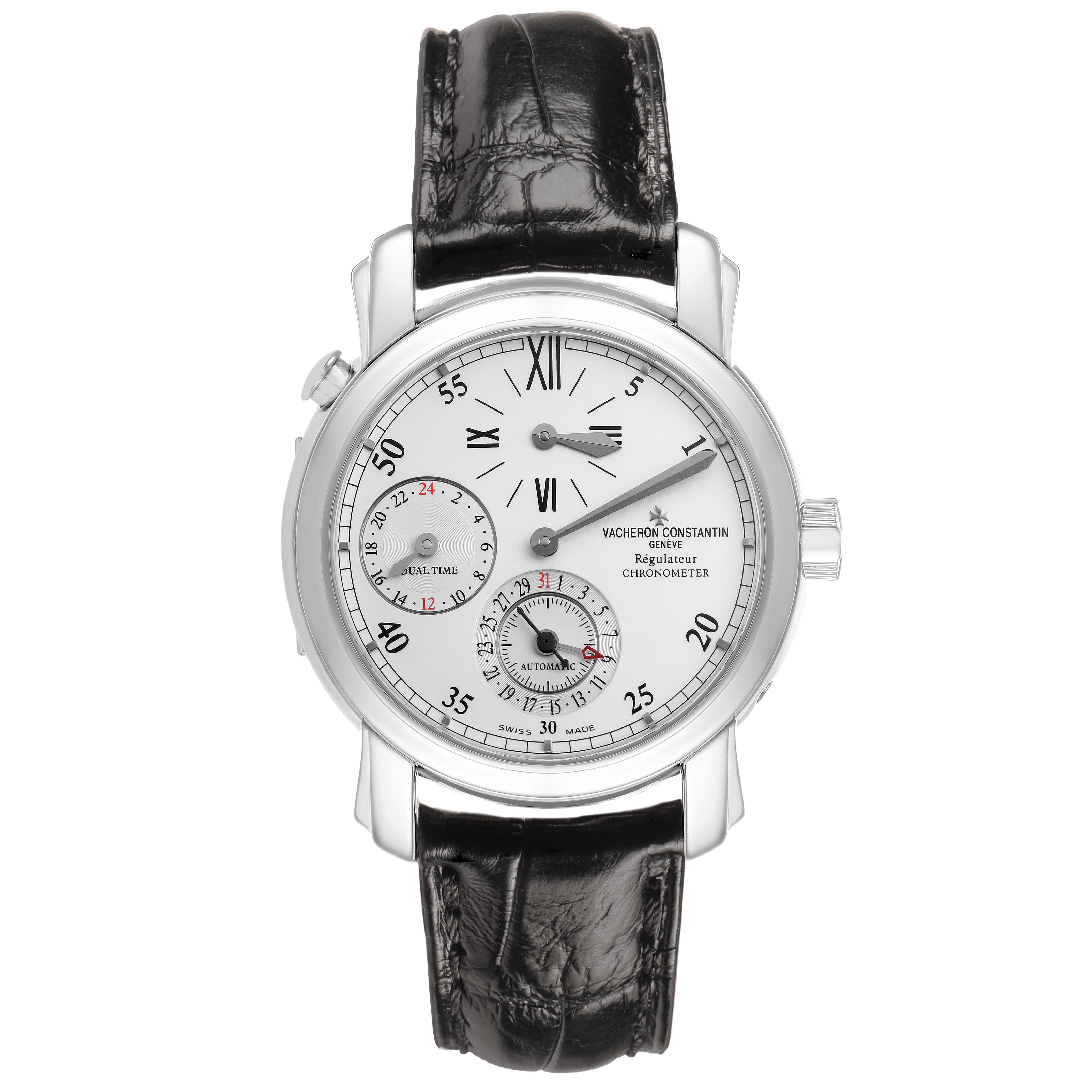 The Vacheron Constantin Malte 42005 Men's White Gold Silver Dial watch is shown from a front angle, displaying its dial with multiple subdials and a black leather strap.
