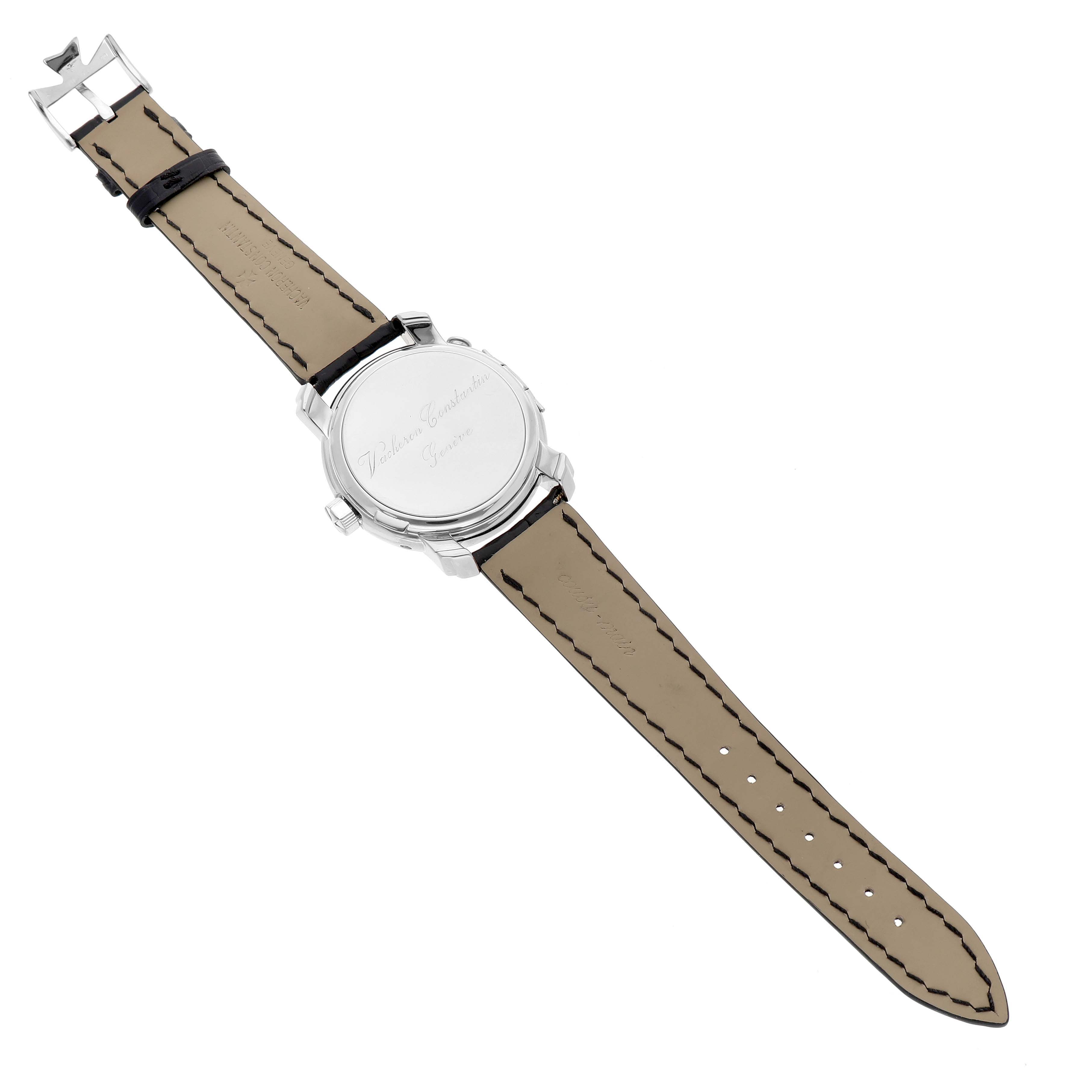 The image shows the back view of the Vacheron Constantin Malte 42005 Men's White Gold Silver Dial watch, highlighting the case back and leather strap.
